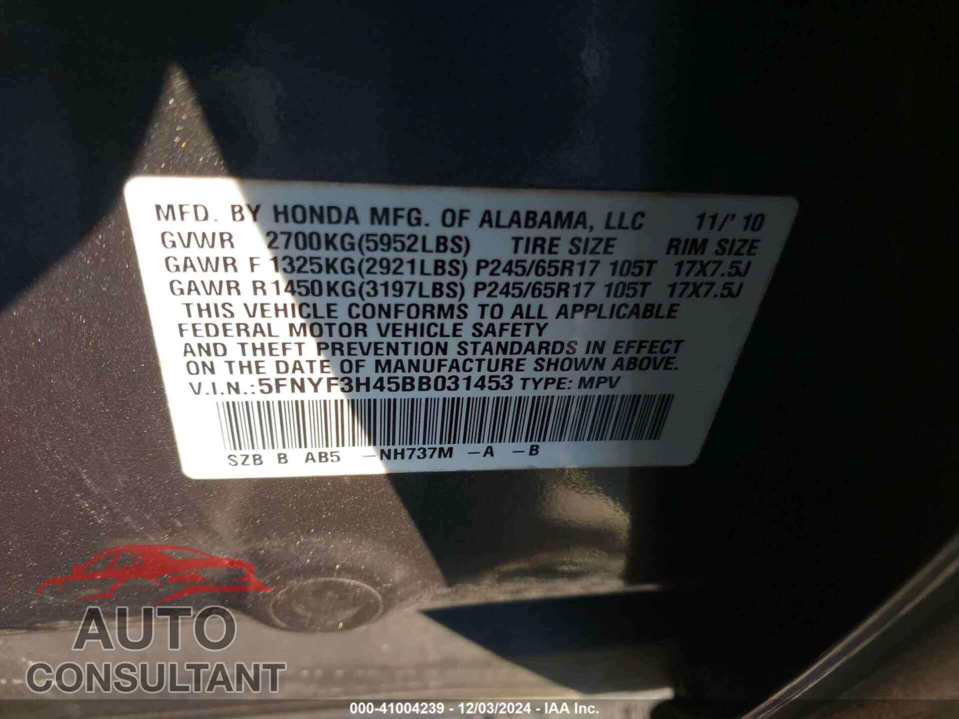 HONDA PILOT 2011 - 5FNYF3H45BB031453