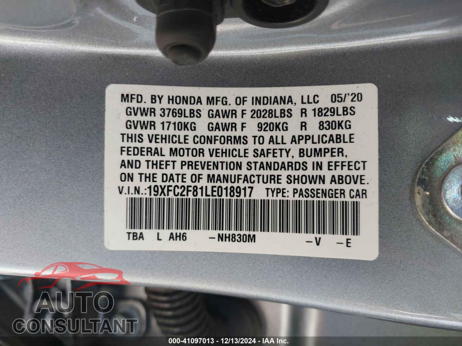 HONDA CIVIC 2020 - 19XFC2F81LE018917