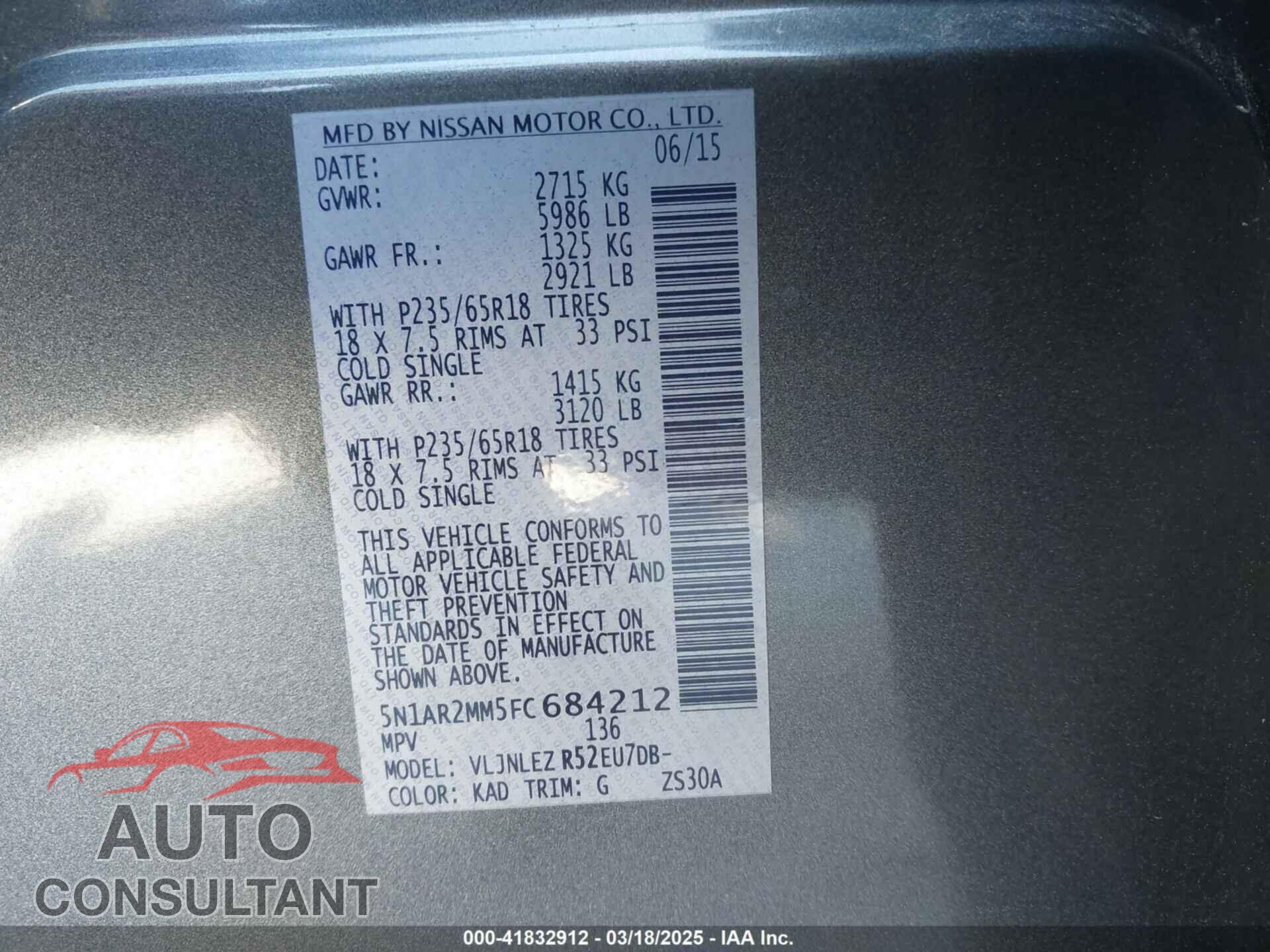 NISSAN PATHFINDER 2015 - 5N1AR2MM5FC684212