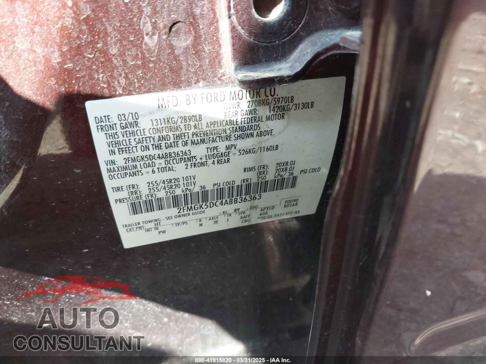 FORD FLEX 2010 - 2FMGK5DC4ABB36363