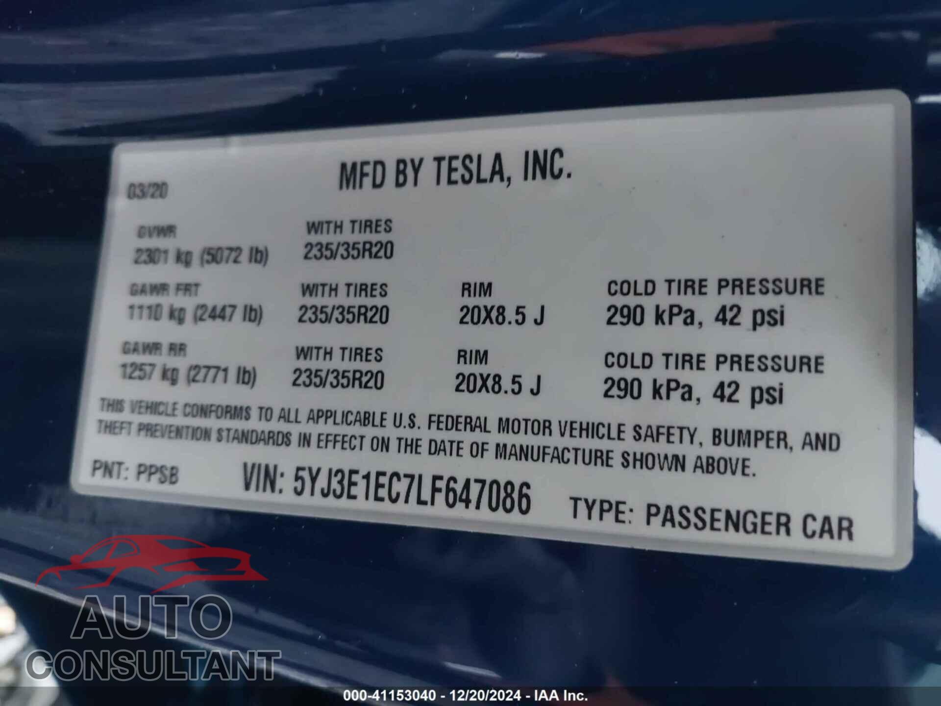 TESLA MODEL 3 2020 - 5YJ3E1EC7LF647086