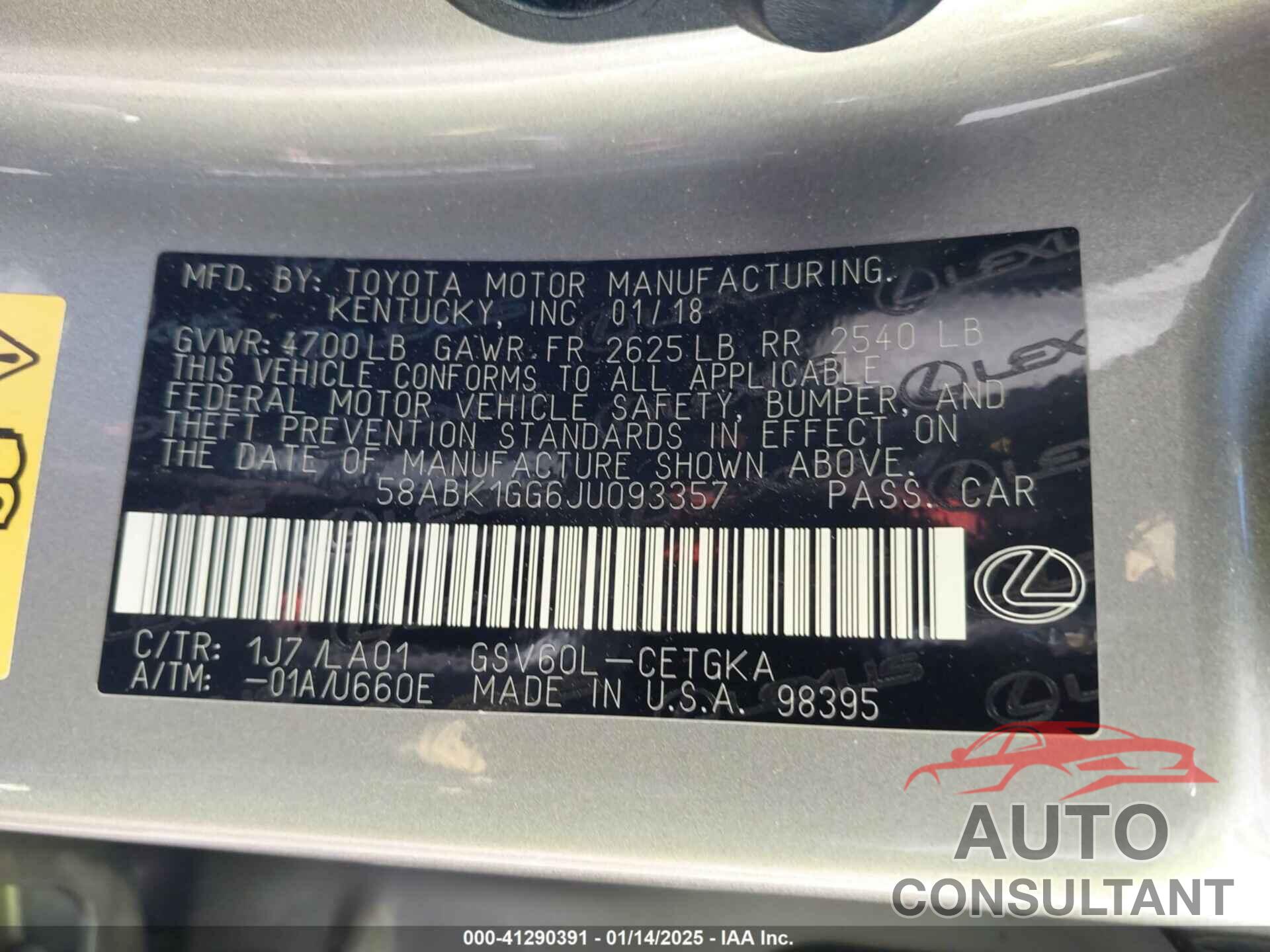 LEXUS ES 350 2018 - 58ABK1GG6JU093357