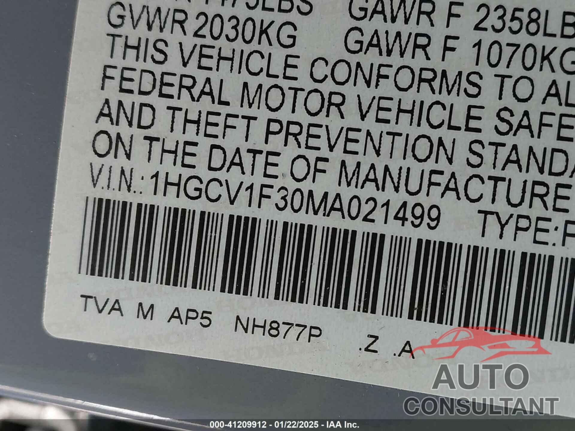 HONDA ACCORD 2021 - 1HGCV1F30MA021499