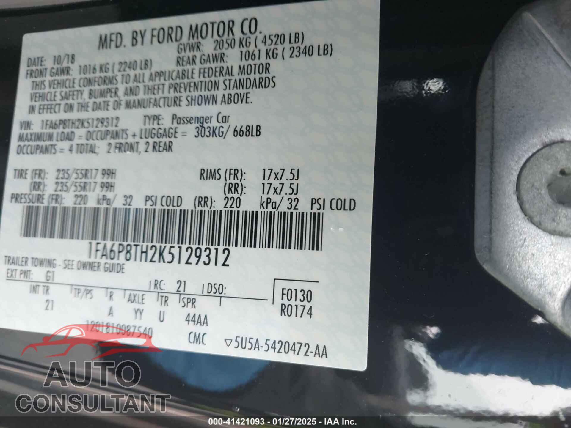 FORD MUSTANG 2019 - 1FA6P8TH2K5129312
