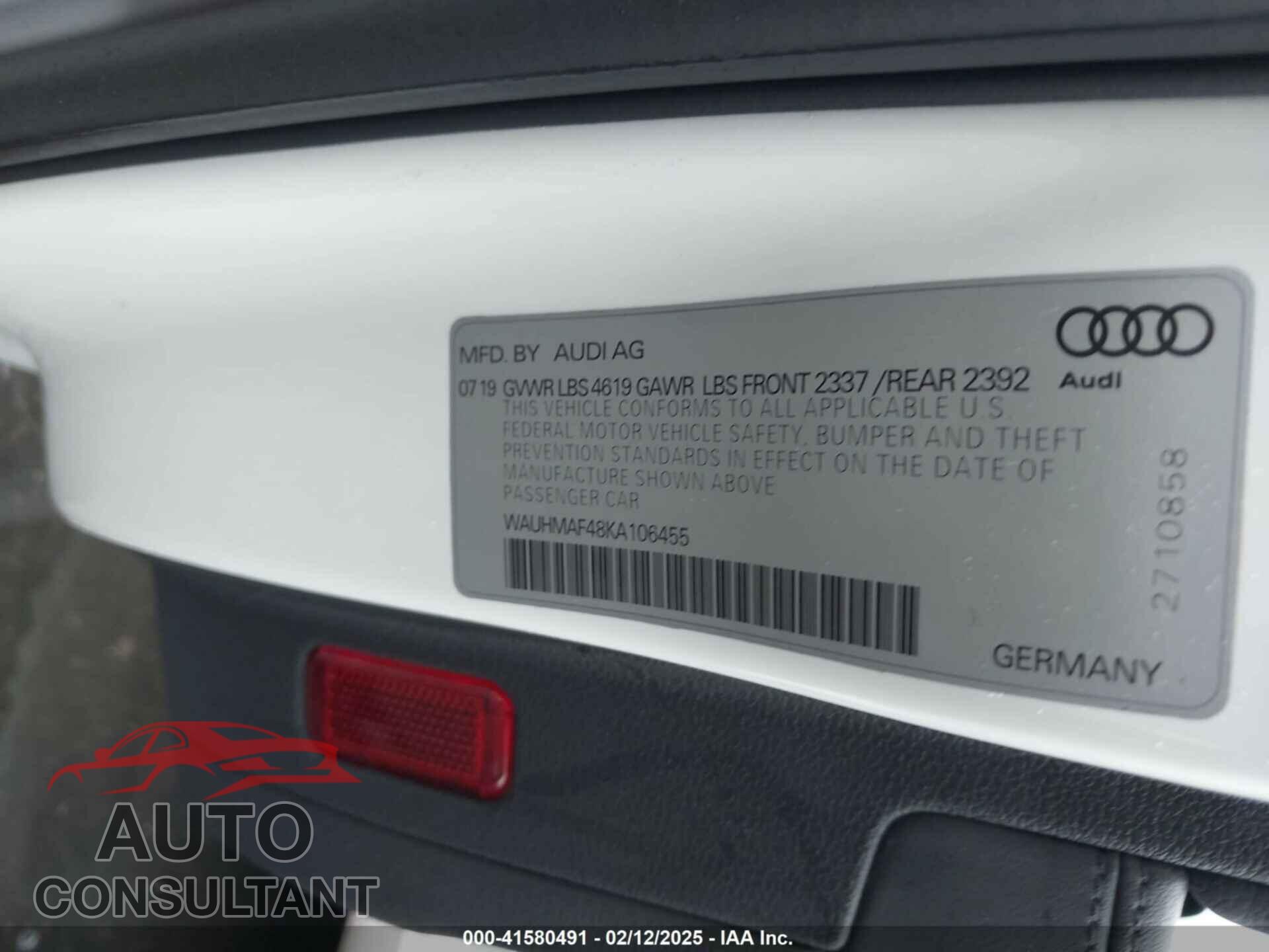 AUDI A4 2019 - WAUHMAF48KA106455