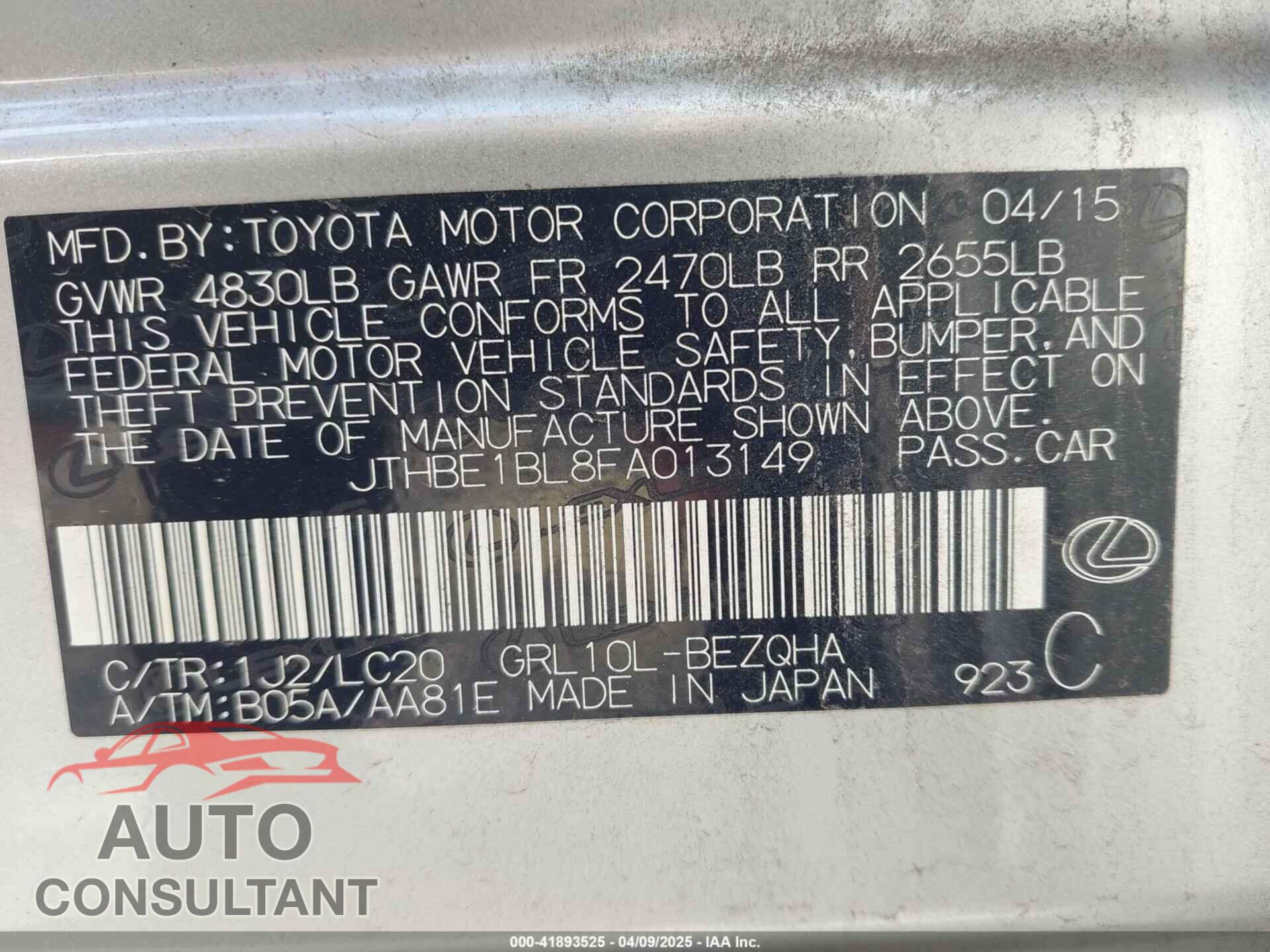 LEXUS GS 350 2015 - JTHBE1BL8FA013149