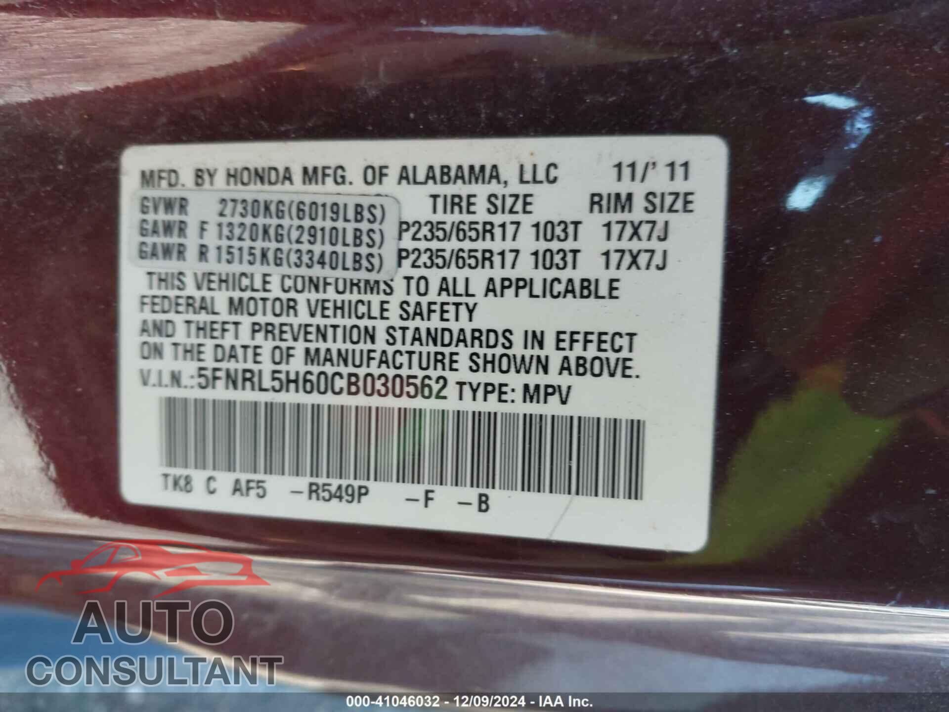 HONDA ODYSSEY 2012 - 5FNRL5H60CB030562