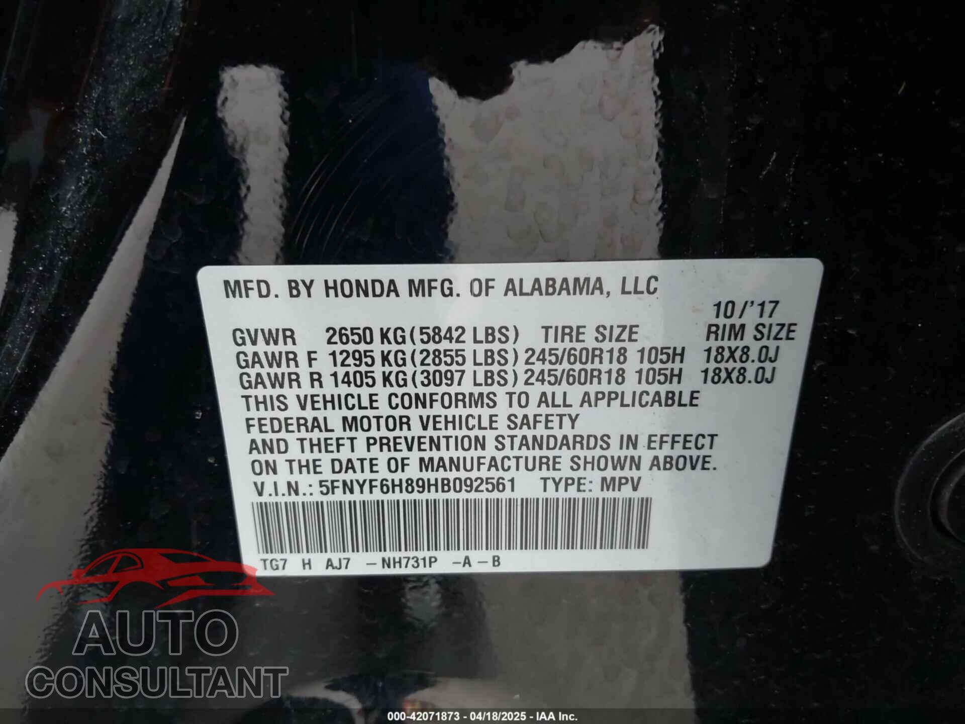 HONDA PILOT 2017 - 5FNYF6H89HB092561