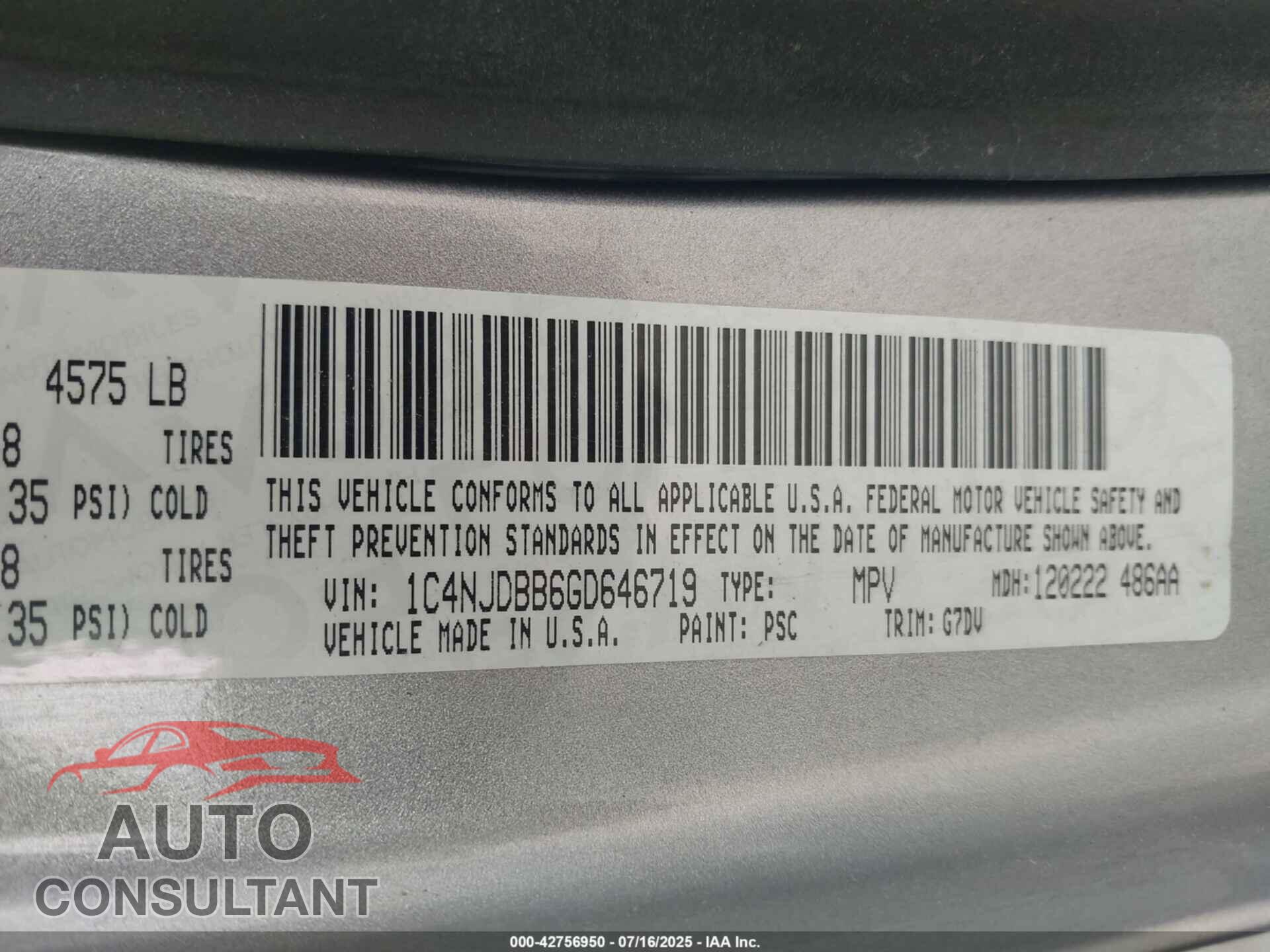 JEEP COMPASS 2016 - 1C4NJDBB6GD646719