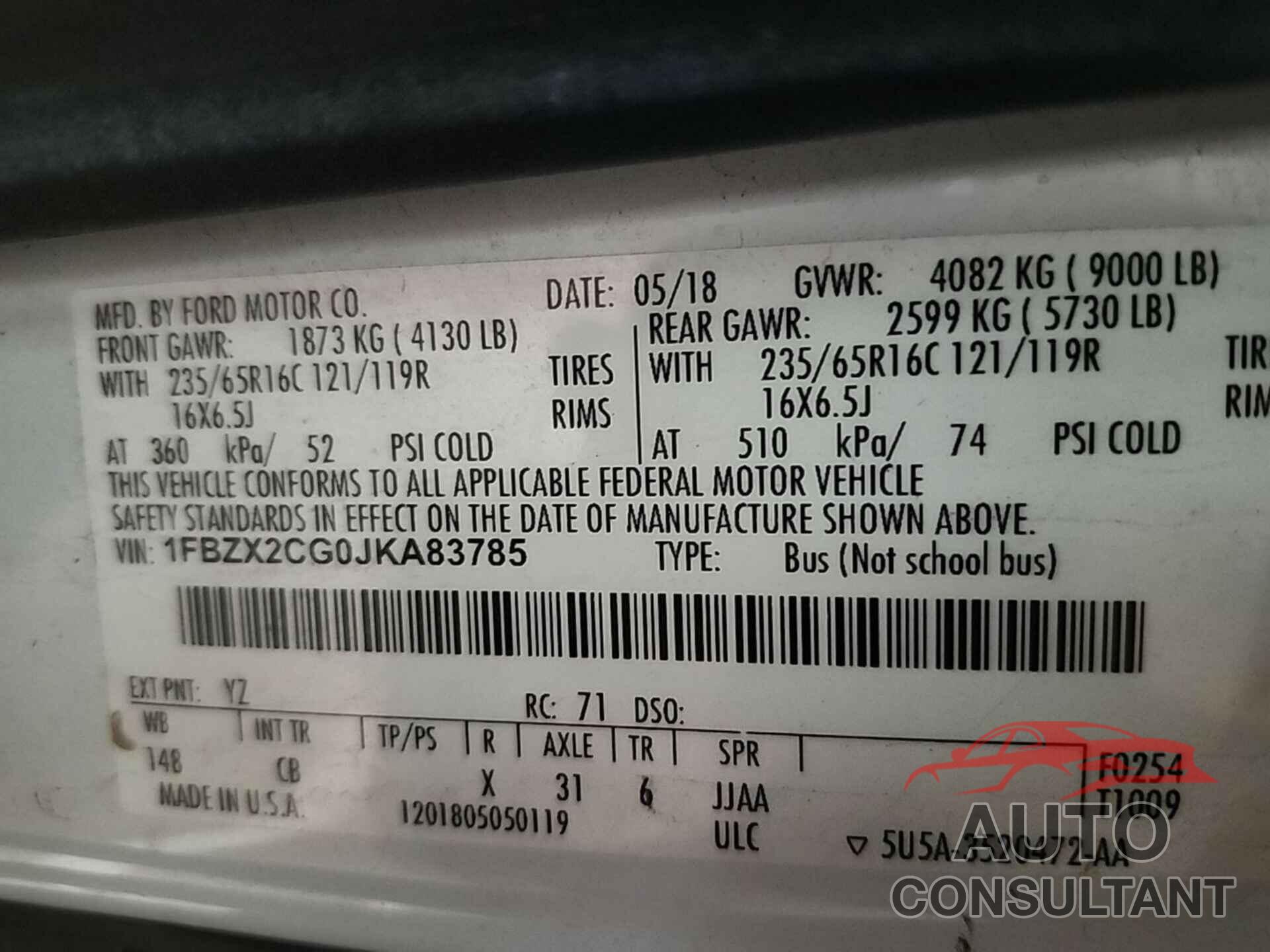 FORD TRANSIT-350 2018 - 1FBZX2CG0JKA83785