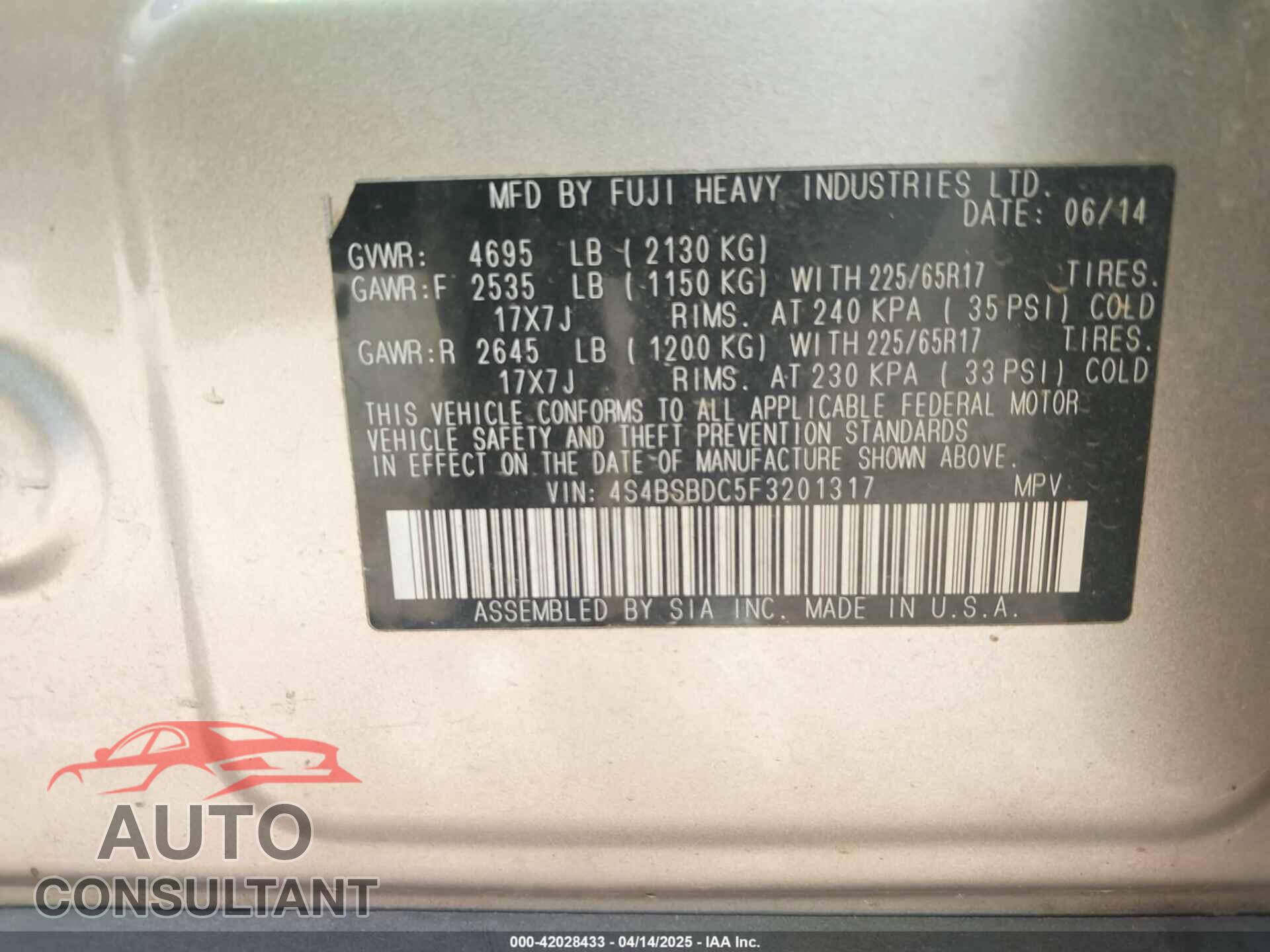SUBARU OUTBACK 2015 - 4S4BSBDC5F3201317