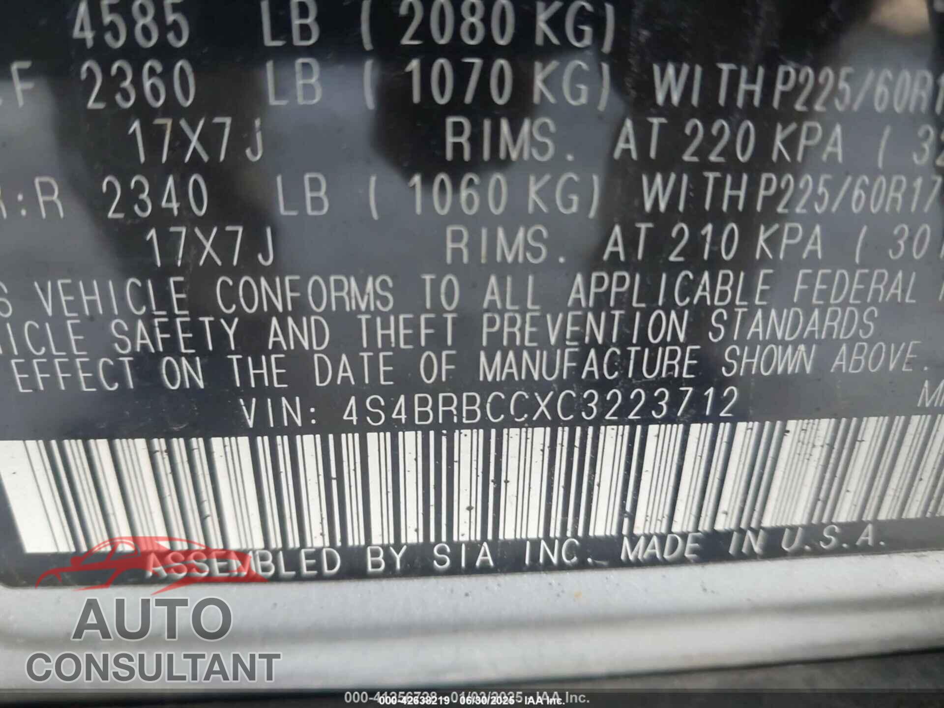 SUBARU OUTBACK 2012 - 4S4BRBCCXC3223712