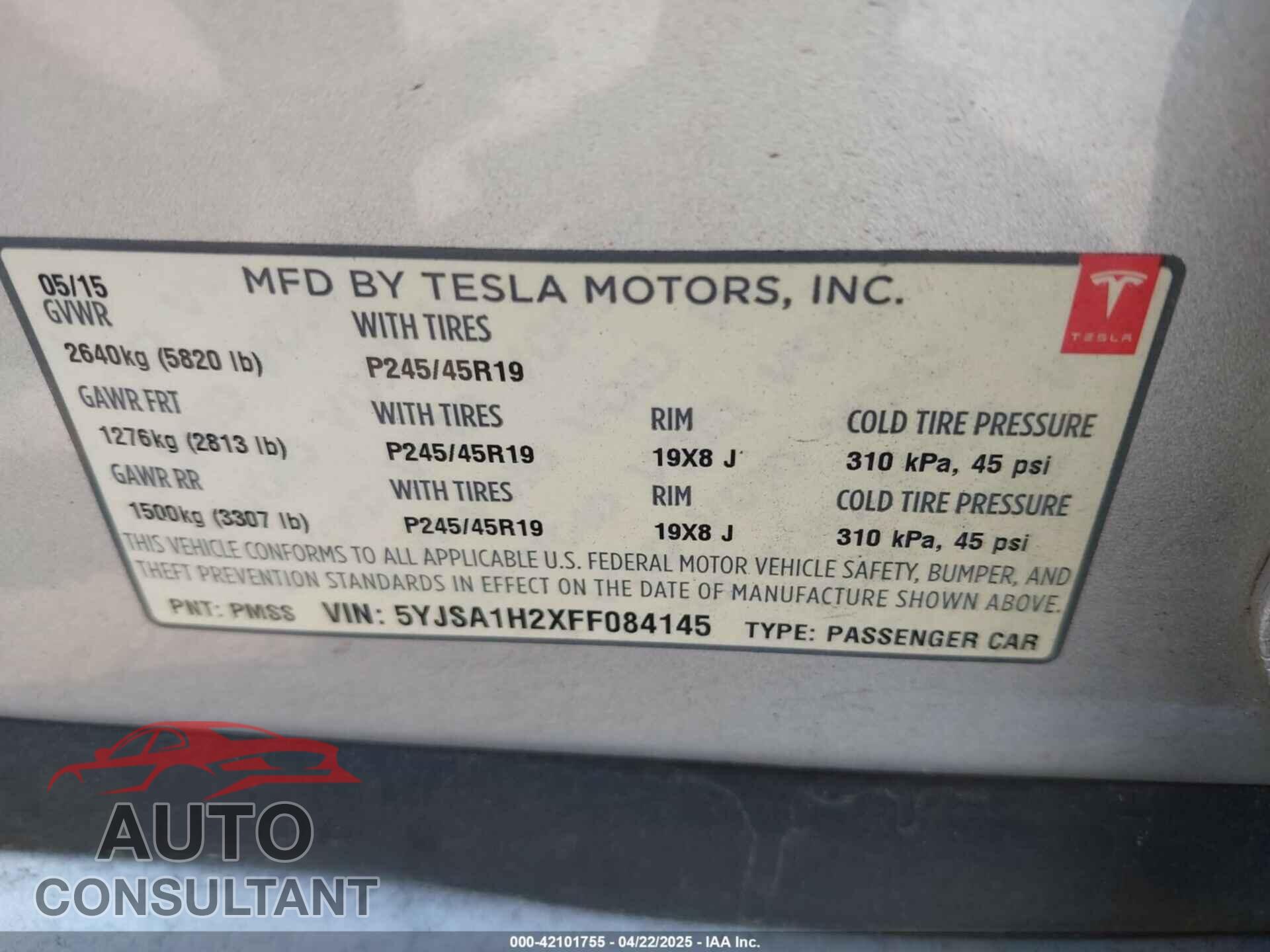 TESLA MODEL S 2015 - 5YJSA1H2XFF084145