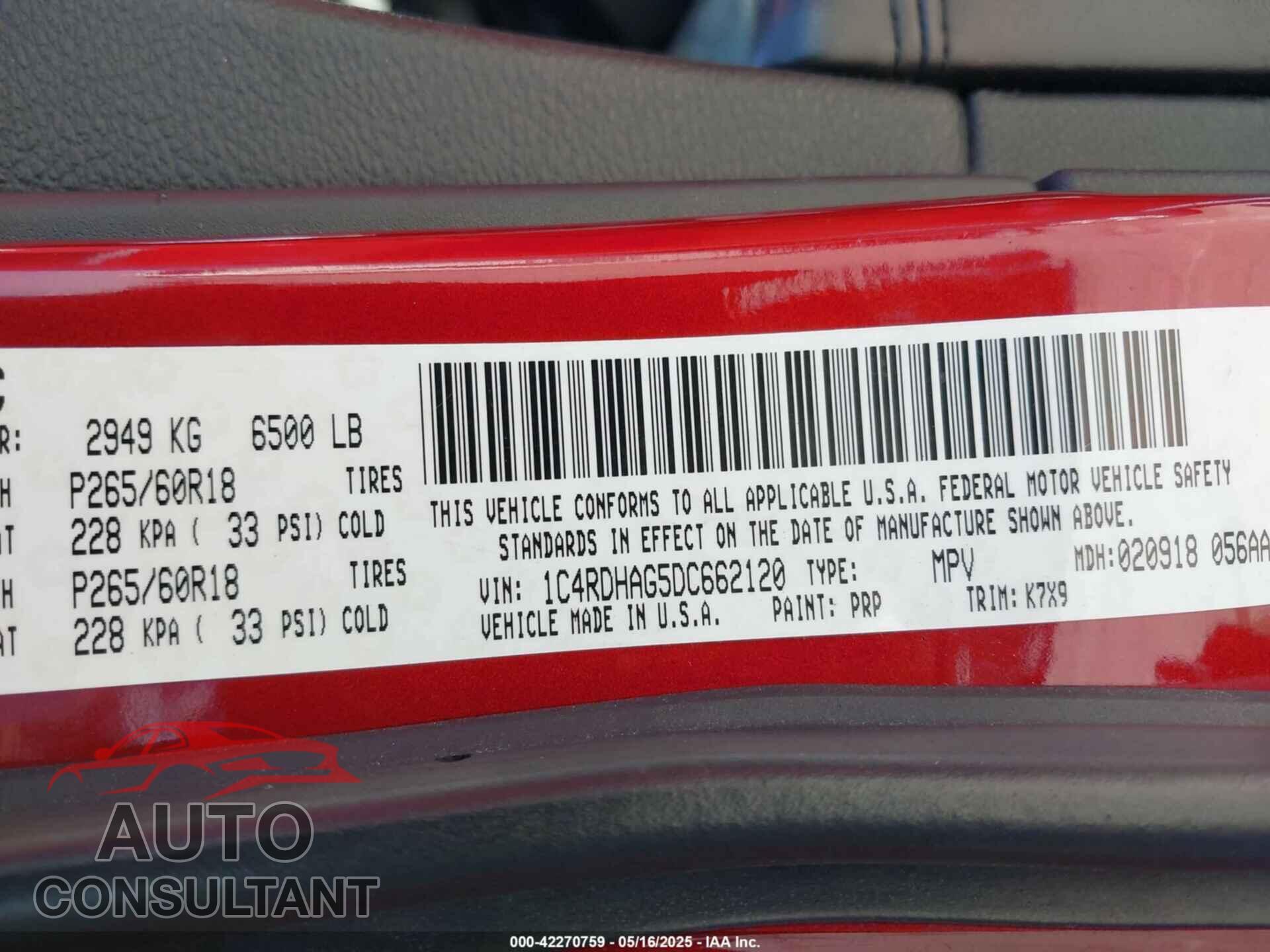 DODGE DURANGO 2013 - 1C4RDHAG5DC662120