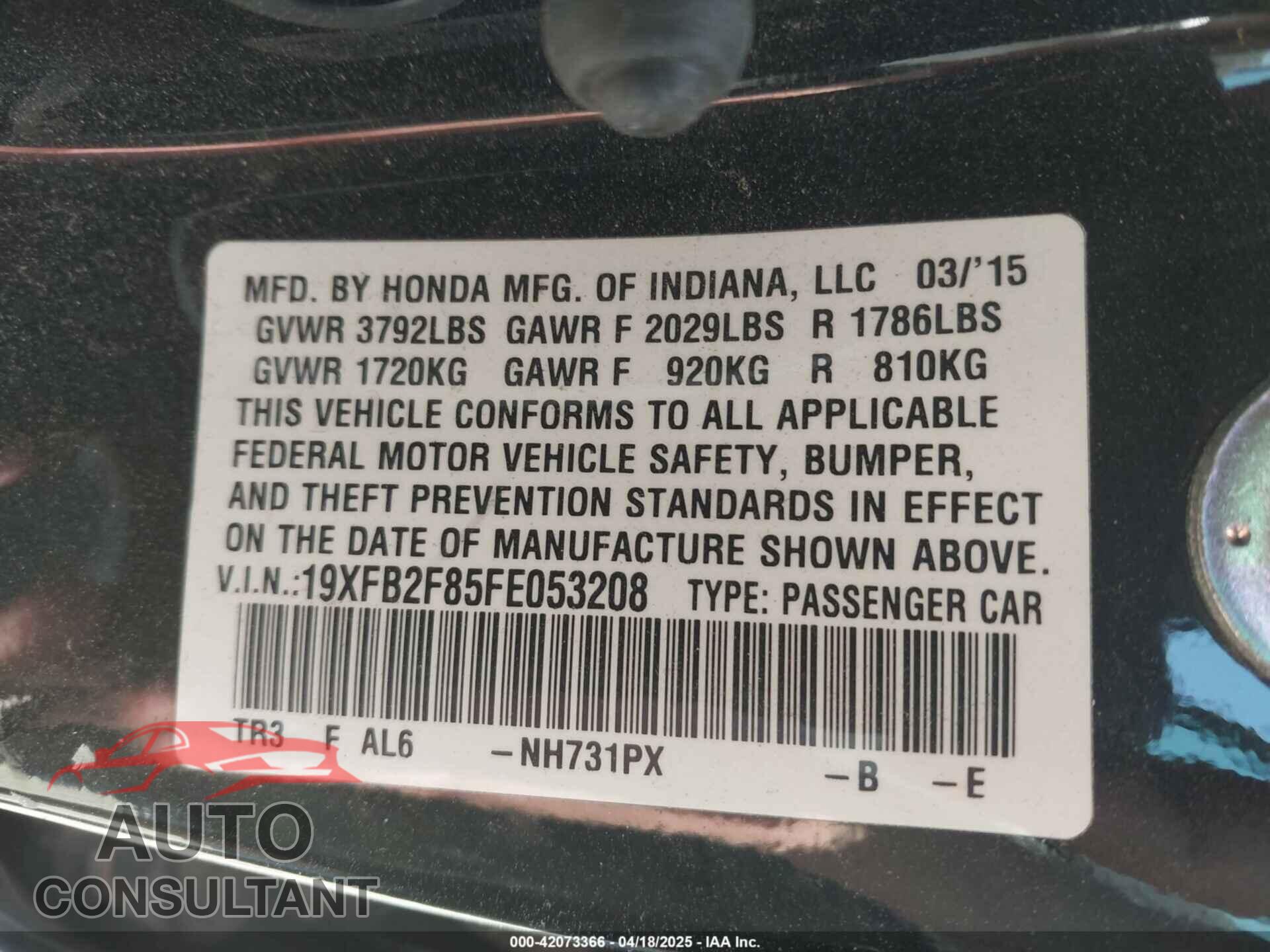 HONDA CIVIC 2015 - 19XFB2F85FE053208