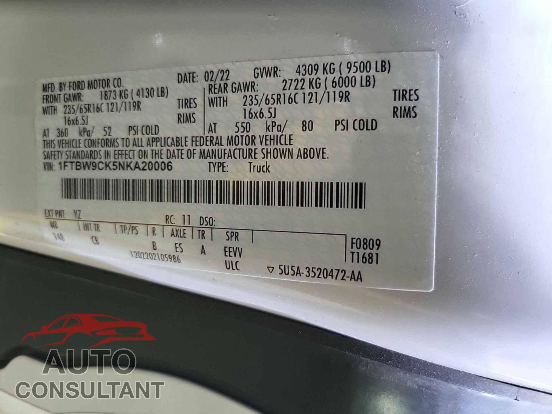 FORD TRANSIT 2022 - 1FTBW9CK5NKA20006