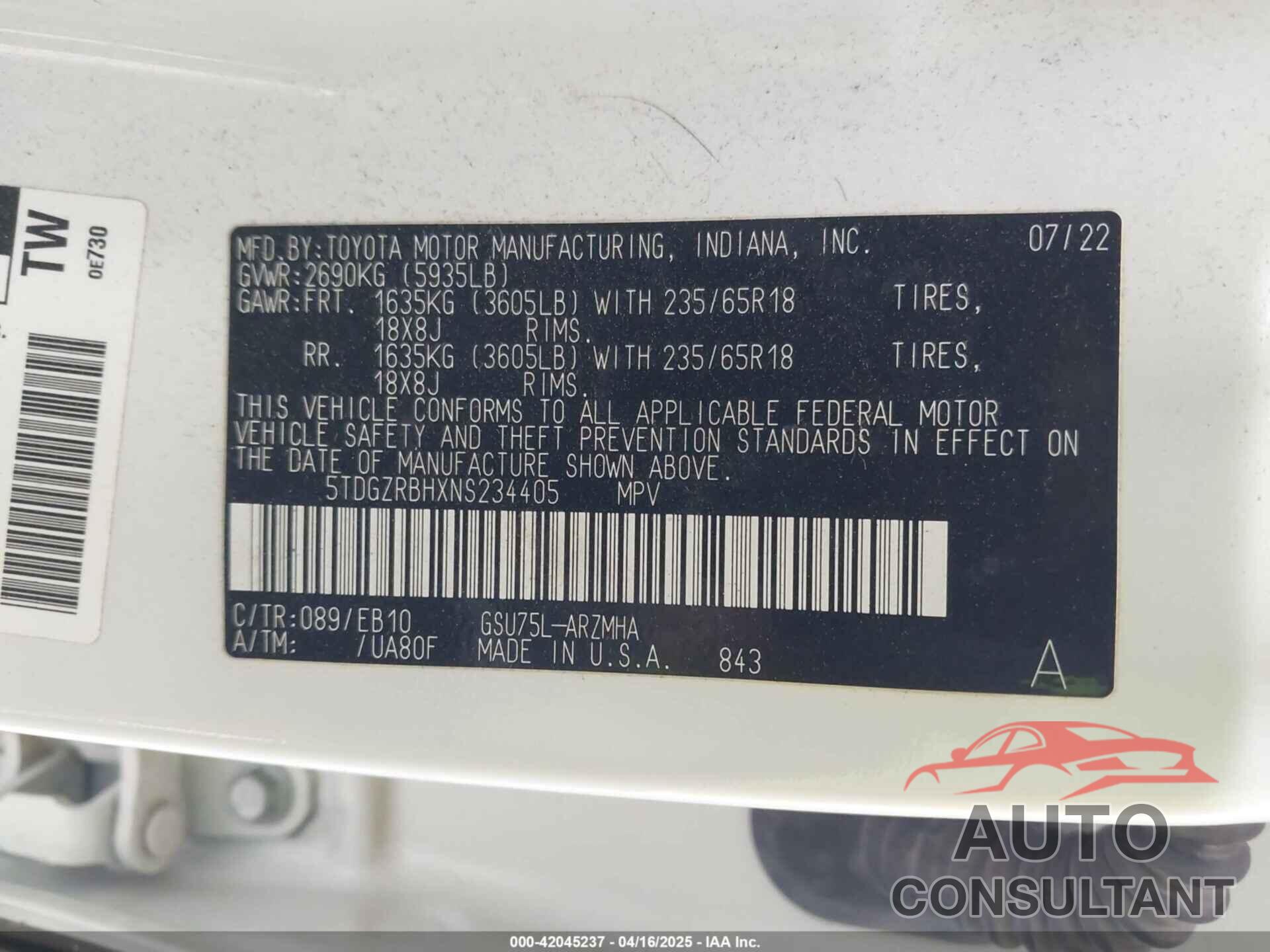 TOYOTA HIGHLANDER 2022 - 5TDGZRBHXNS234405