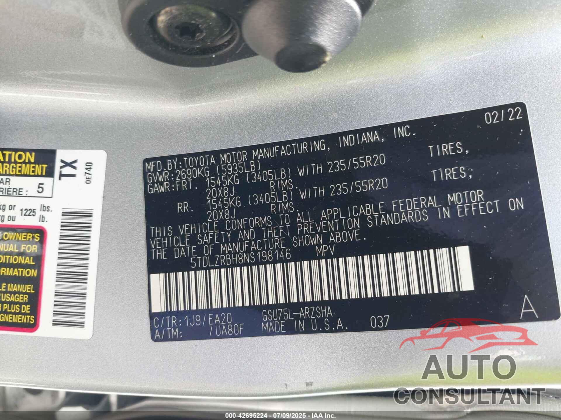 TOYOTA HIGHLANDER 2022 - 5TDLZRBH8NS198146