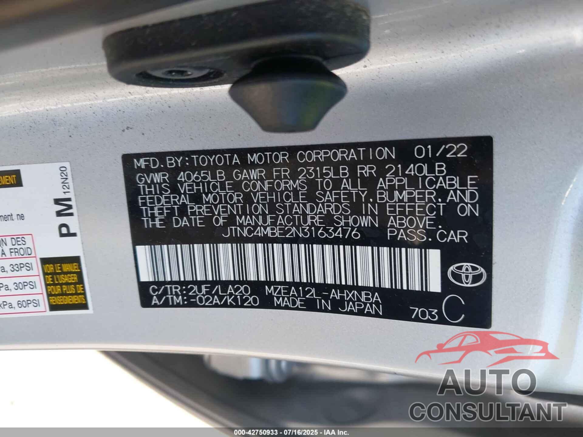 TOYOTA COROLLA 2022 - JTNC4MBE2N3163476