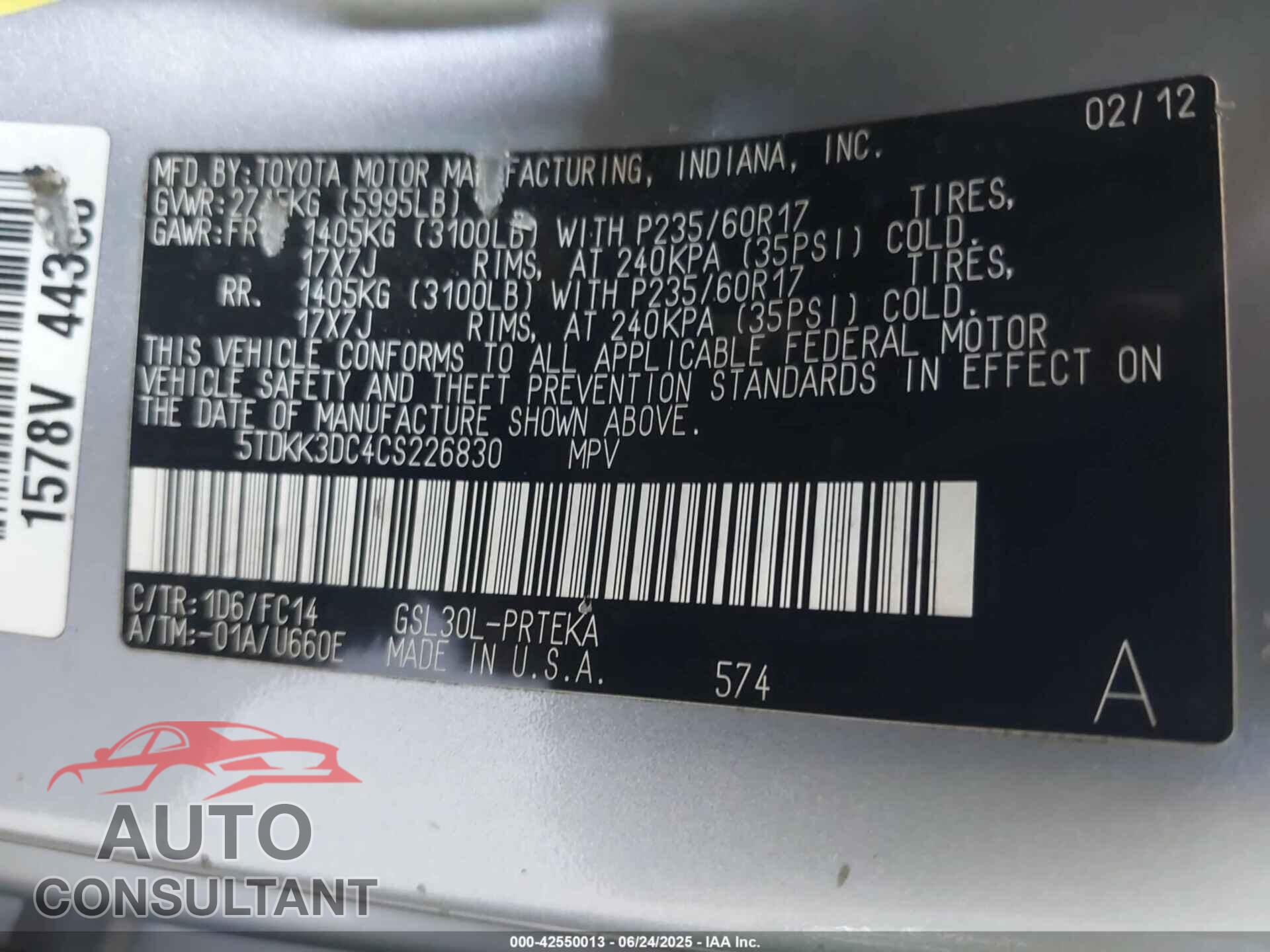 TOYOTA SIENNA 2012 - 5TDKK3DC4CS226830