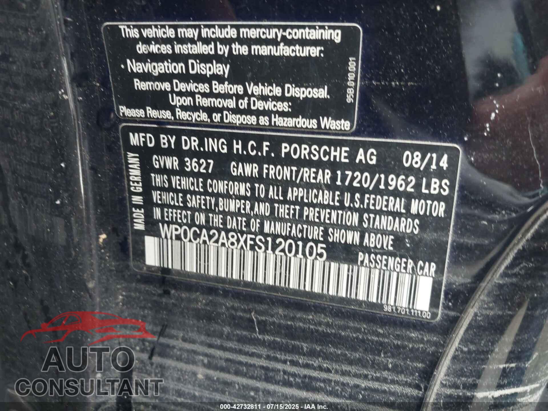 PORSCHE BOXSTER 2015 - WP0CA2A8XFS120105
