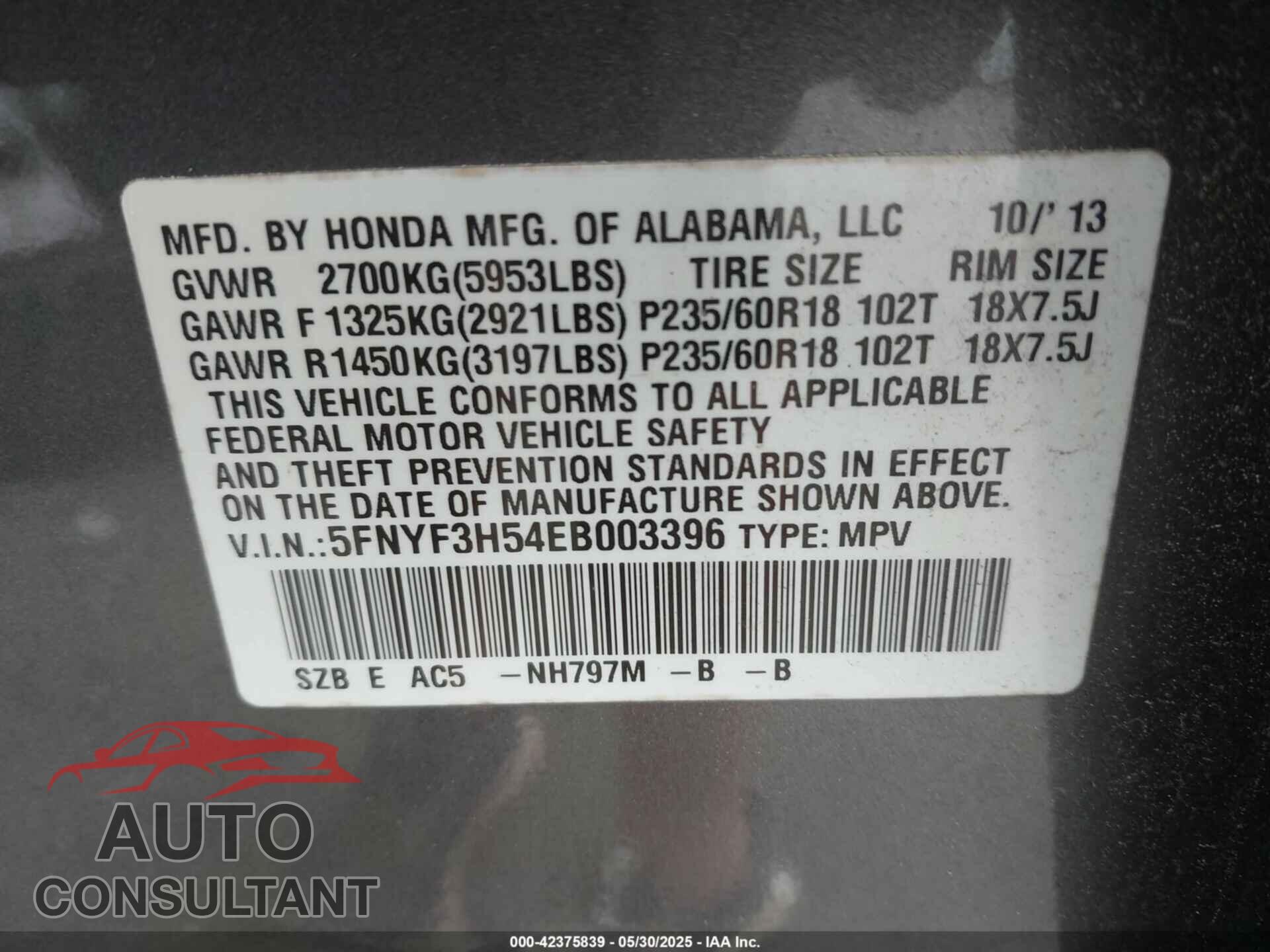 HONDA PILOT 2014 - 5FNYF3H54EB003396