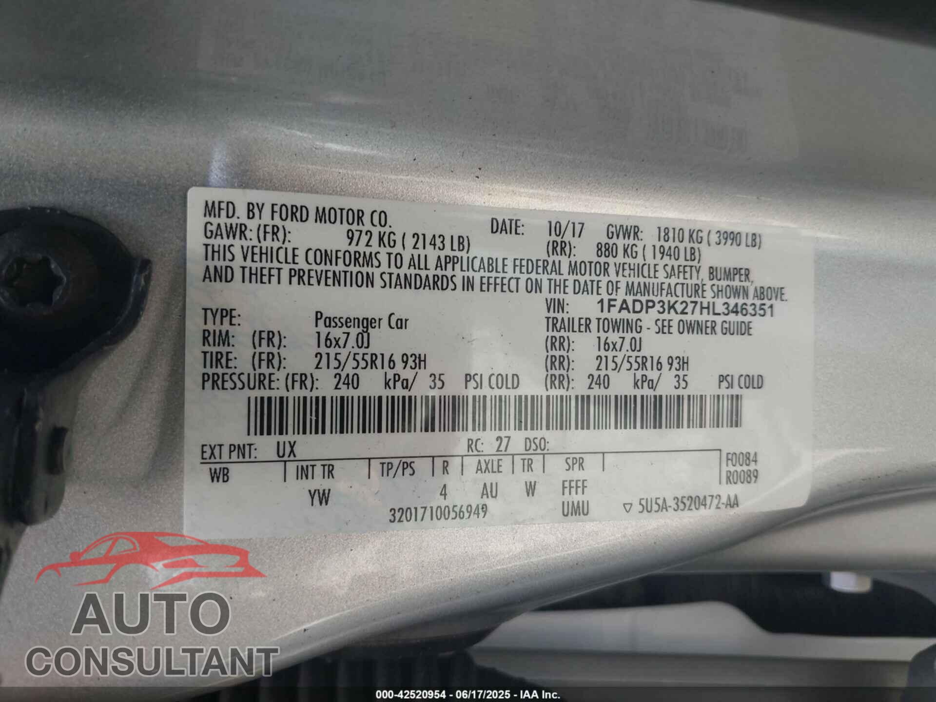 FORD FOCUS 2017 - 1FADP3K27HL346351