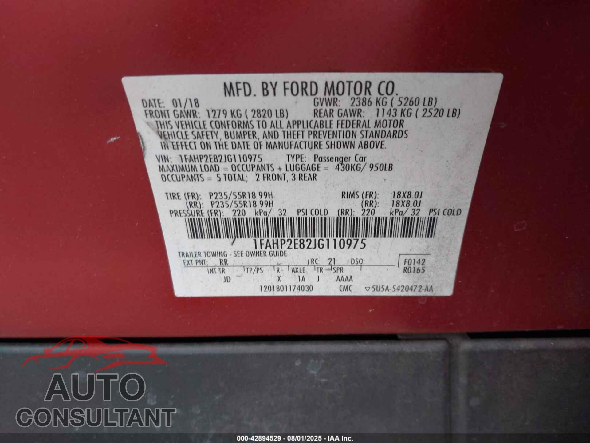 FORD TAURUS 2018 - 1FAHP2E82JG110975