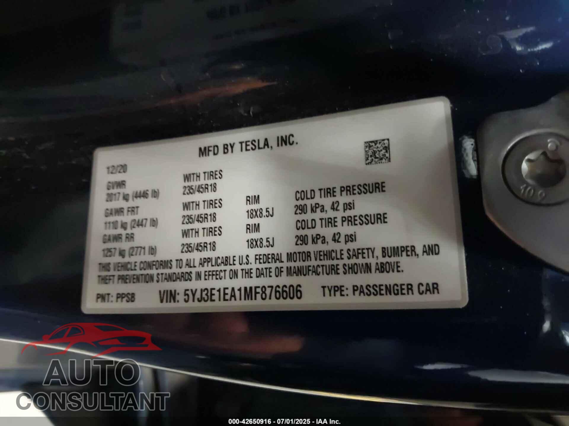 TESLA MODEL 3 2021 - 5YJ3E1EA1MF876606