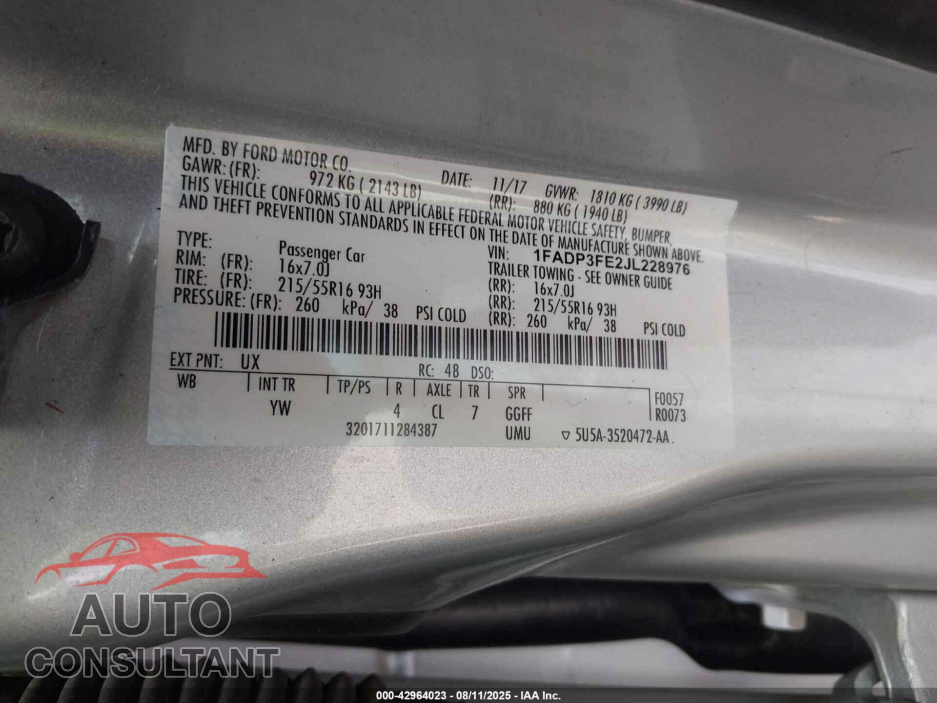 FORD FOCUS 2018 - 1FADP3FE2JL228976