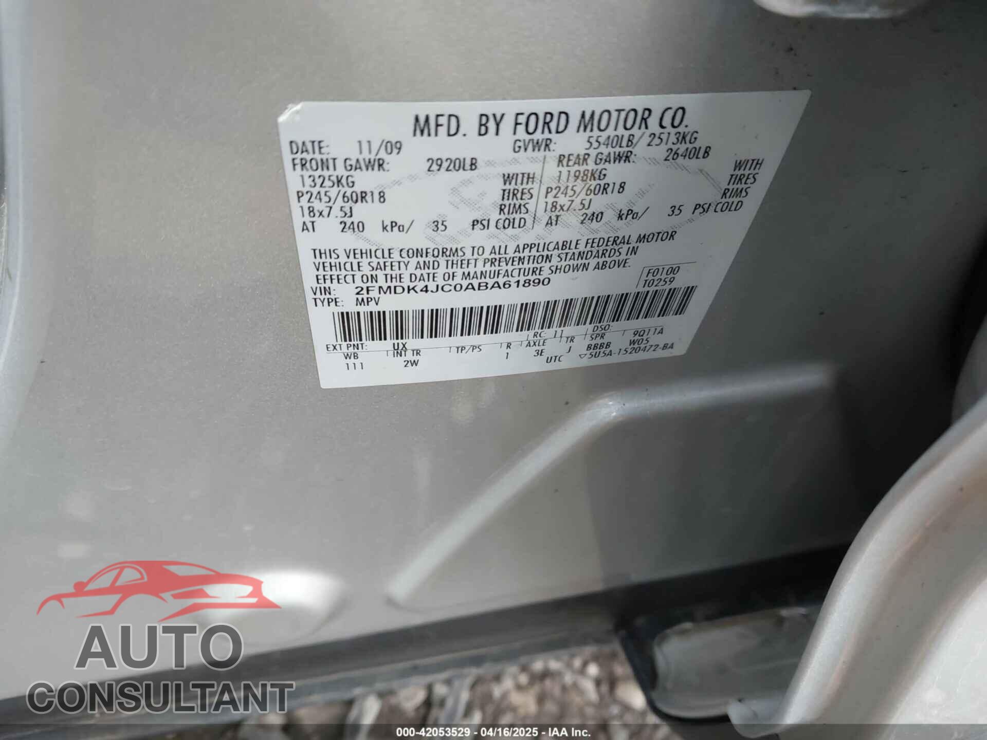 FORD EDGE 2010 - 2FMDK4JC0ABA61890
