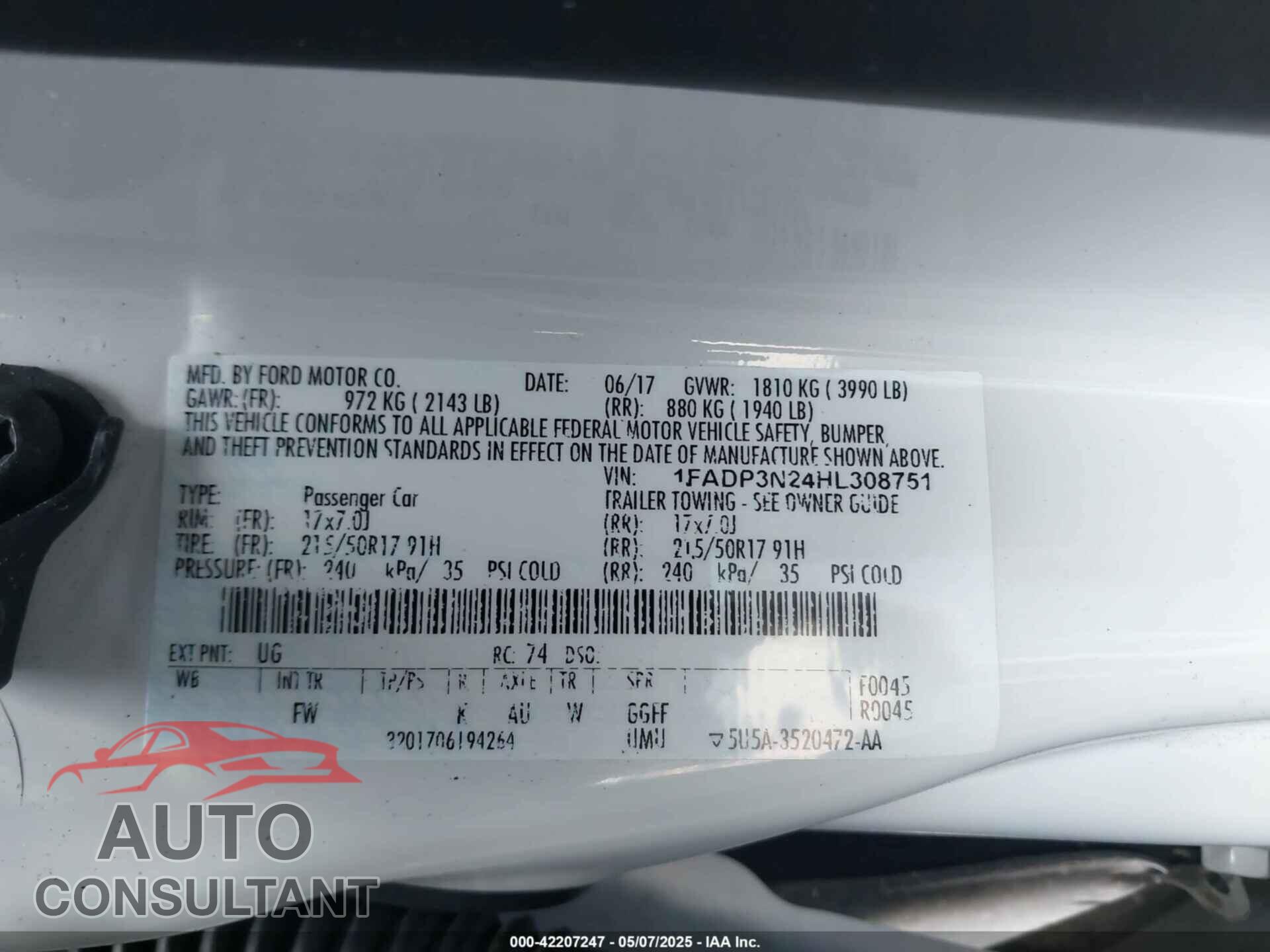 FORD FOCUS 2017 - 1FADP3N24HL308751