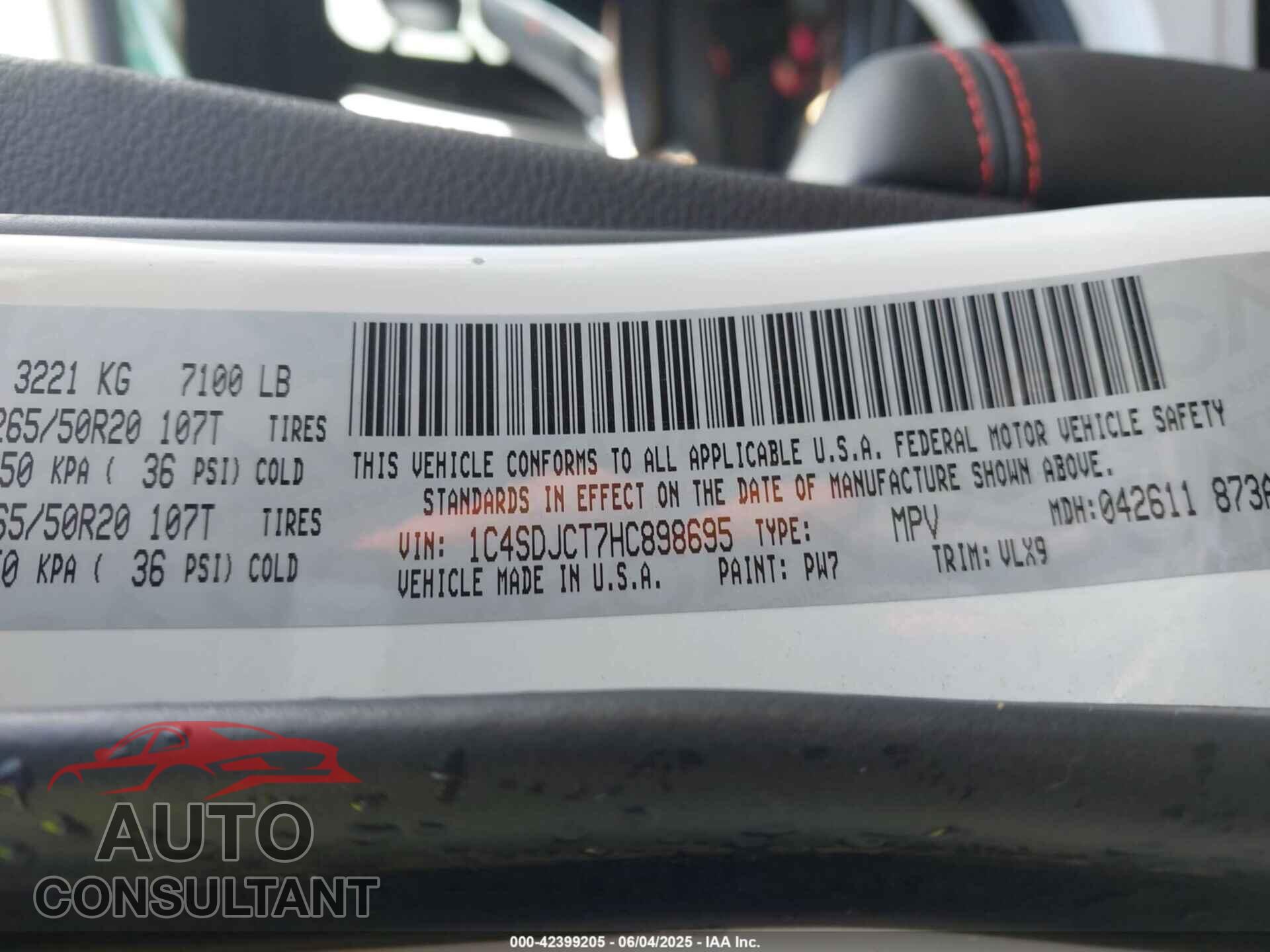 DODGE DURANGO 2017 - 1C4SDJCT7HC898695