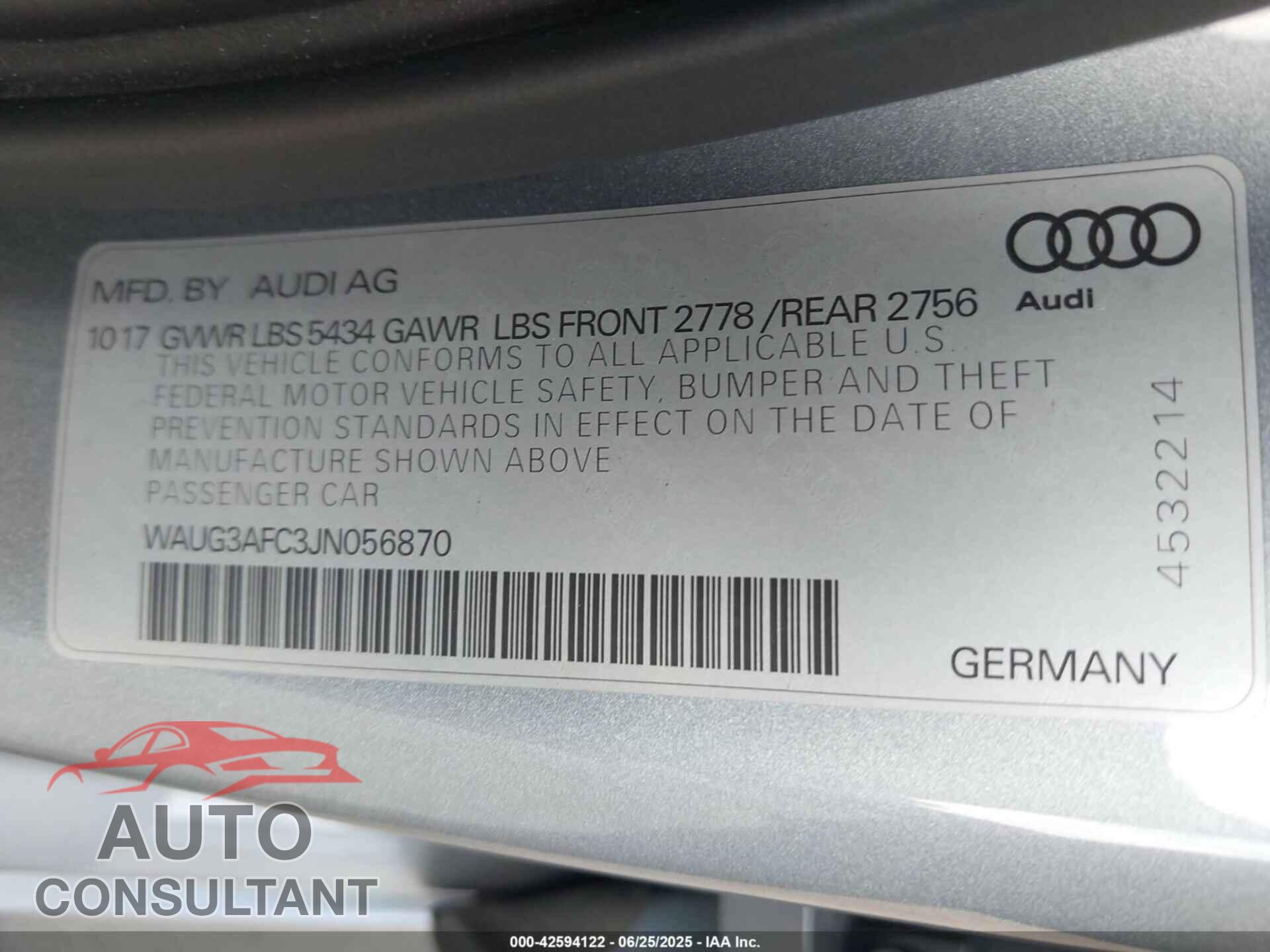 AUDI A6 2018 - WAUG3AFC3JN056870