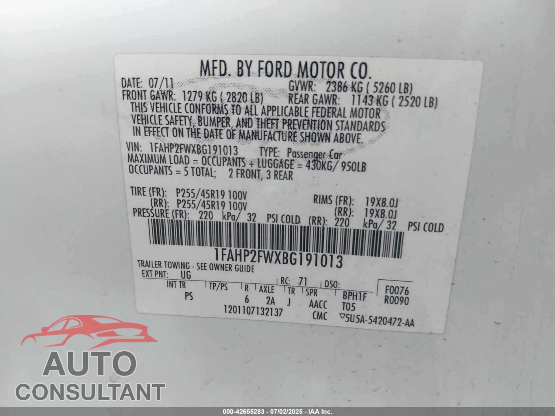 FORD TAURUS 2011 - 1FAHP2FWXBG191013