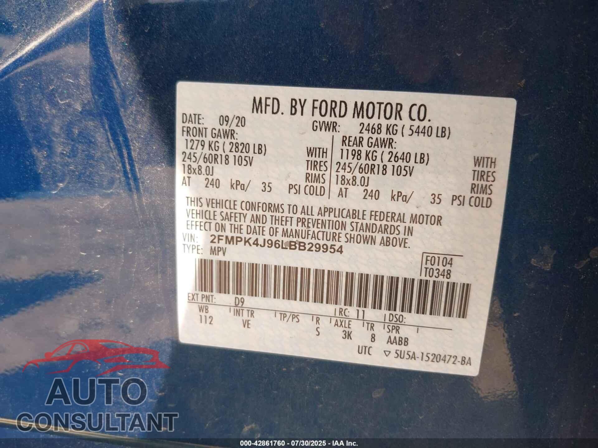 FORD EDGE 2020 - 2FMPK4J96LBB29954