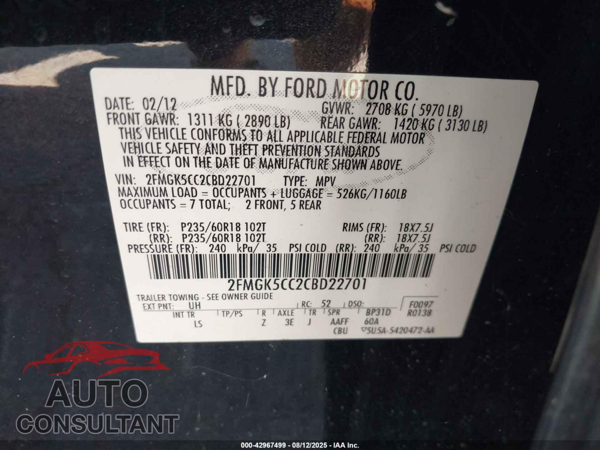 FORD FLEX 2012 - 2FMGK5CC2CBD22701