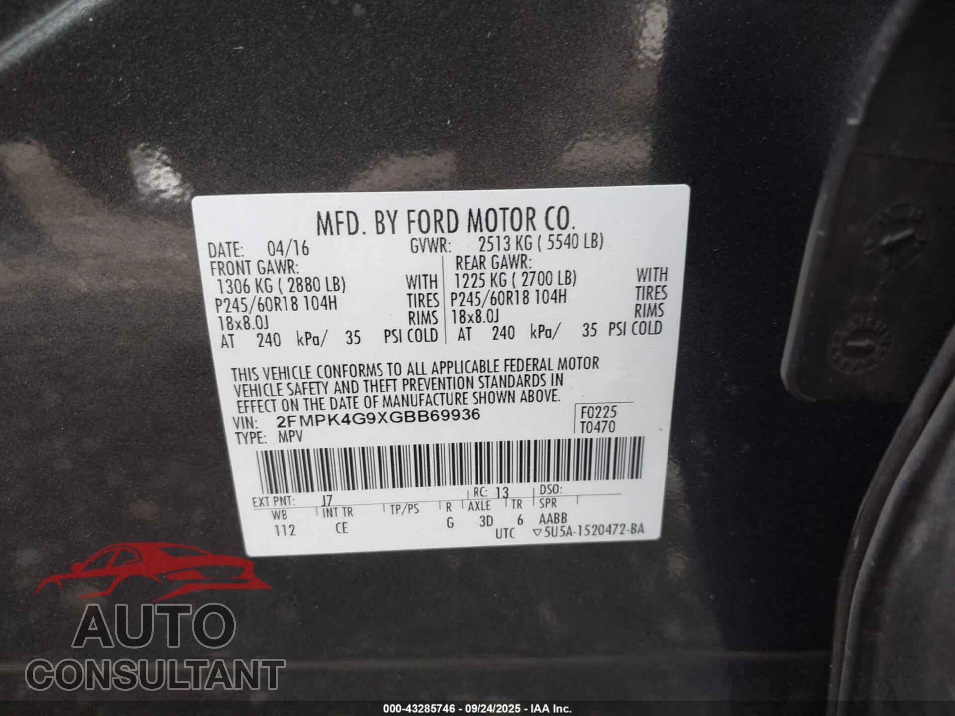 FORD EDGE 2016 - 2FMPK4G9XGBB69936