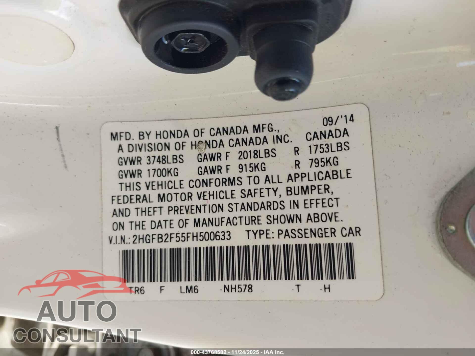HONDA CIVIC 2015 - 2HGFB2F55FH500633