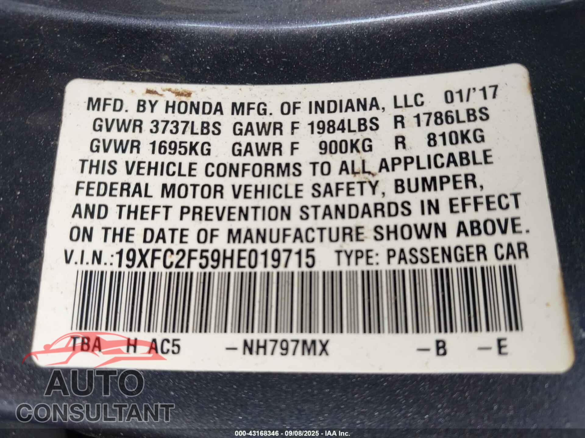 HONDA CIVIC 2017 - 19XFC2F59HE019715