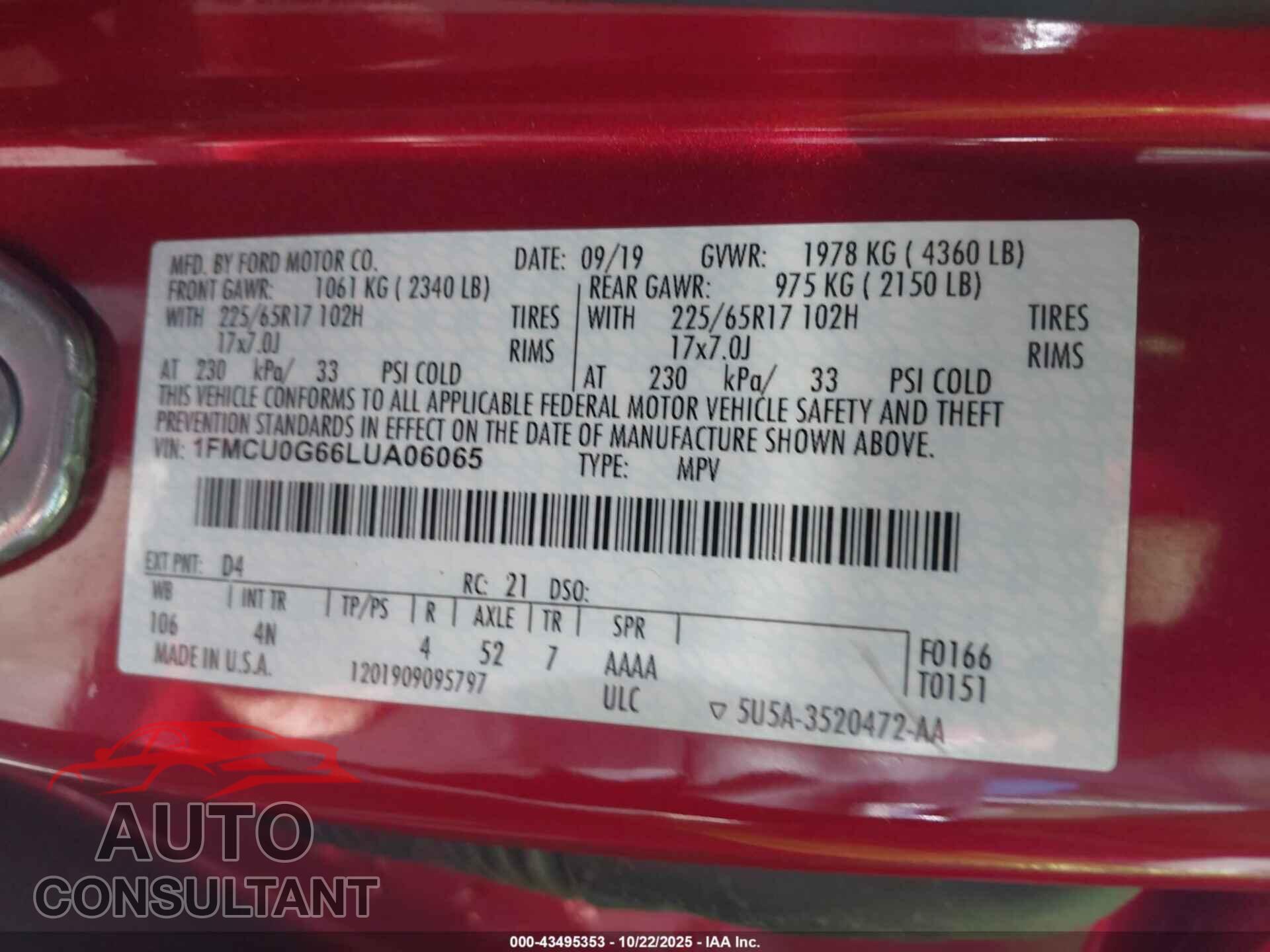 FORD ESCAPE 2020 - 1FMCU0G66LUA06065