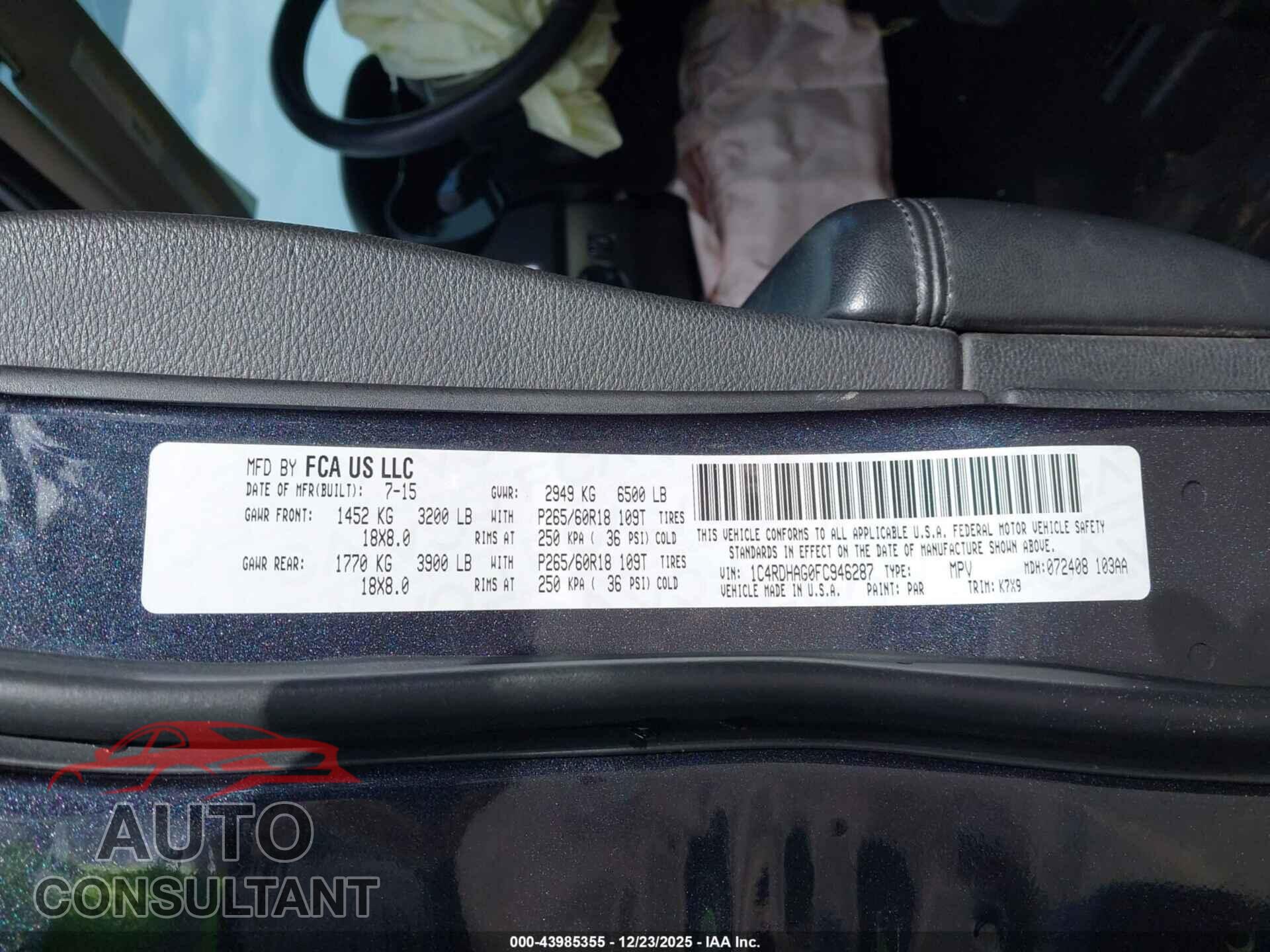 DODGE DURANGO 2015 - 1C4RDHAG0FC946287