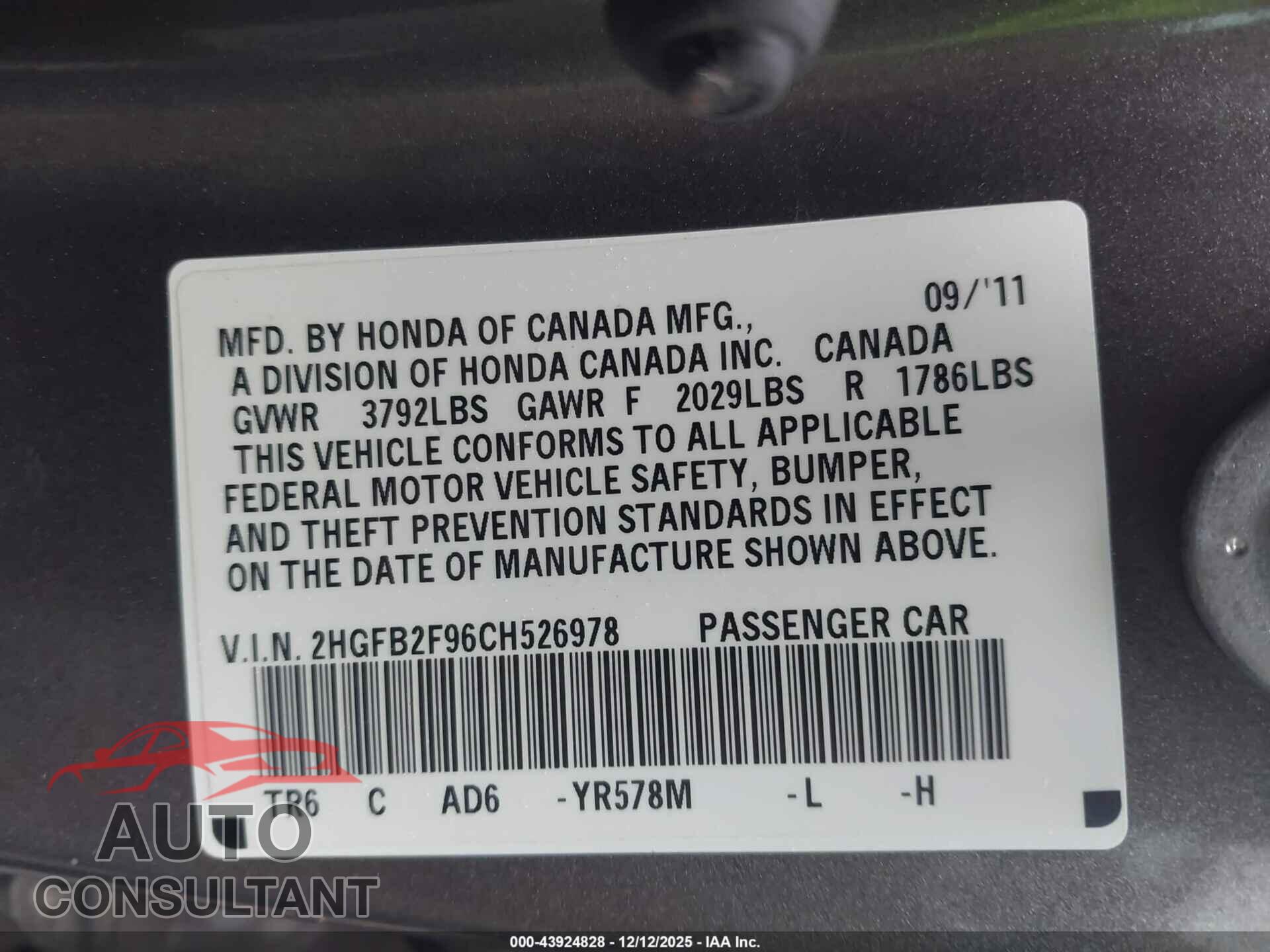 HONDA CIVIC 2012 - 2HGFB2F96CH526978