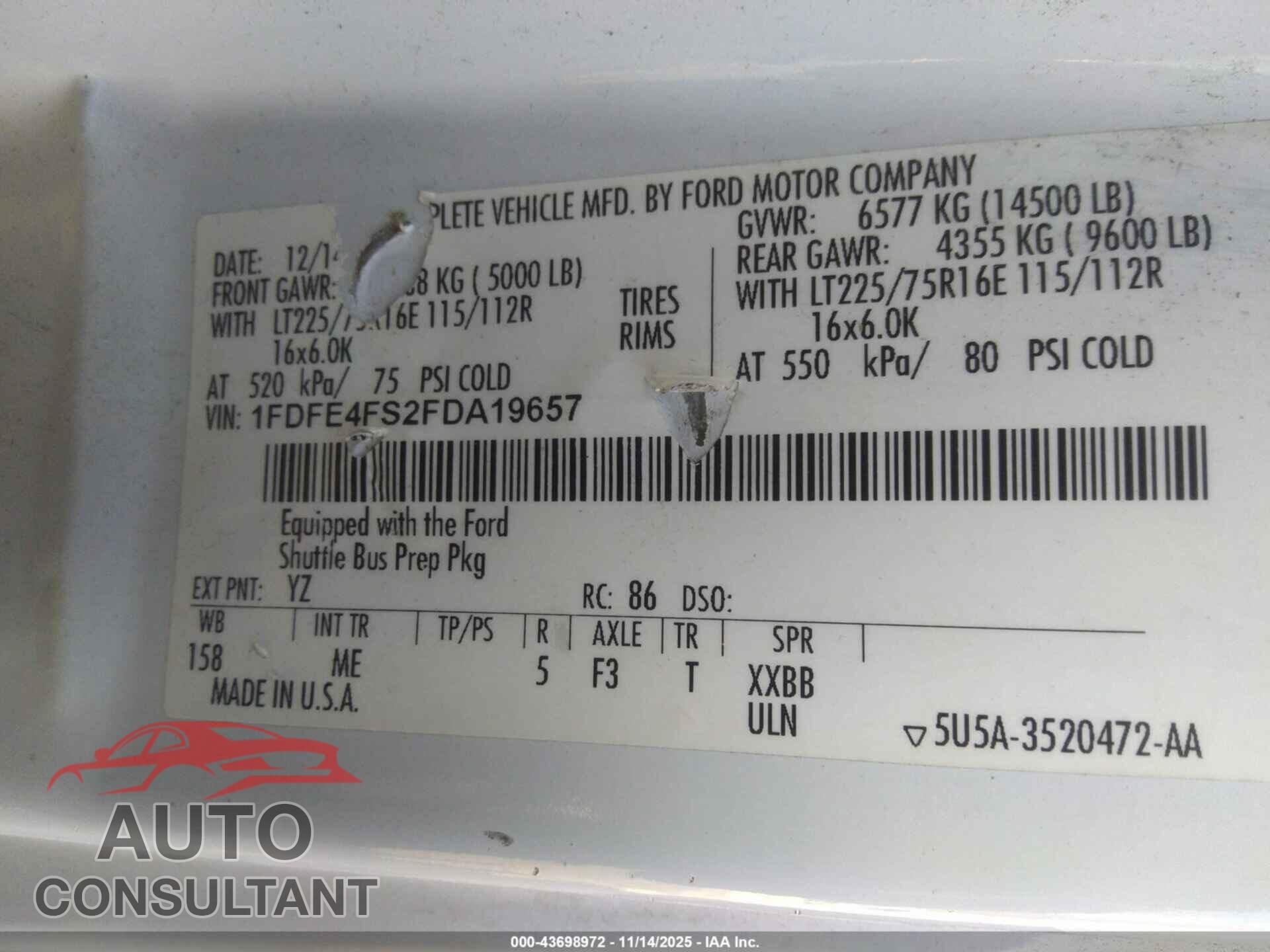 FORD E-450 CUTAWAY 2015 - 1FDFE4FS2FDA19657