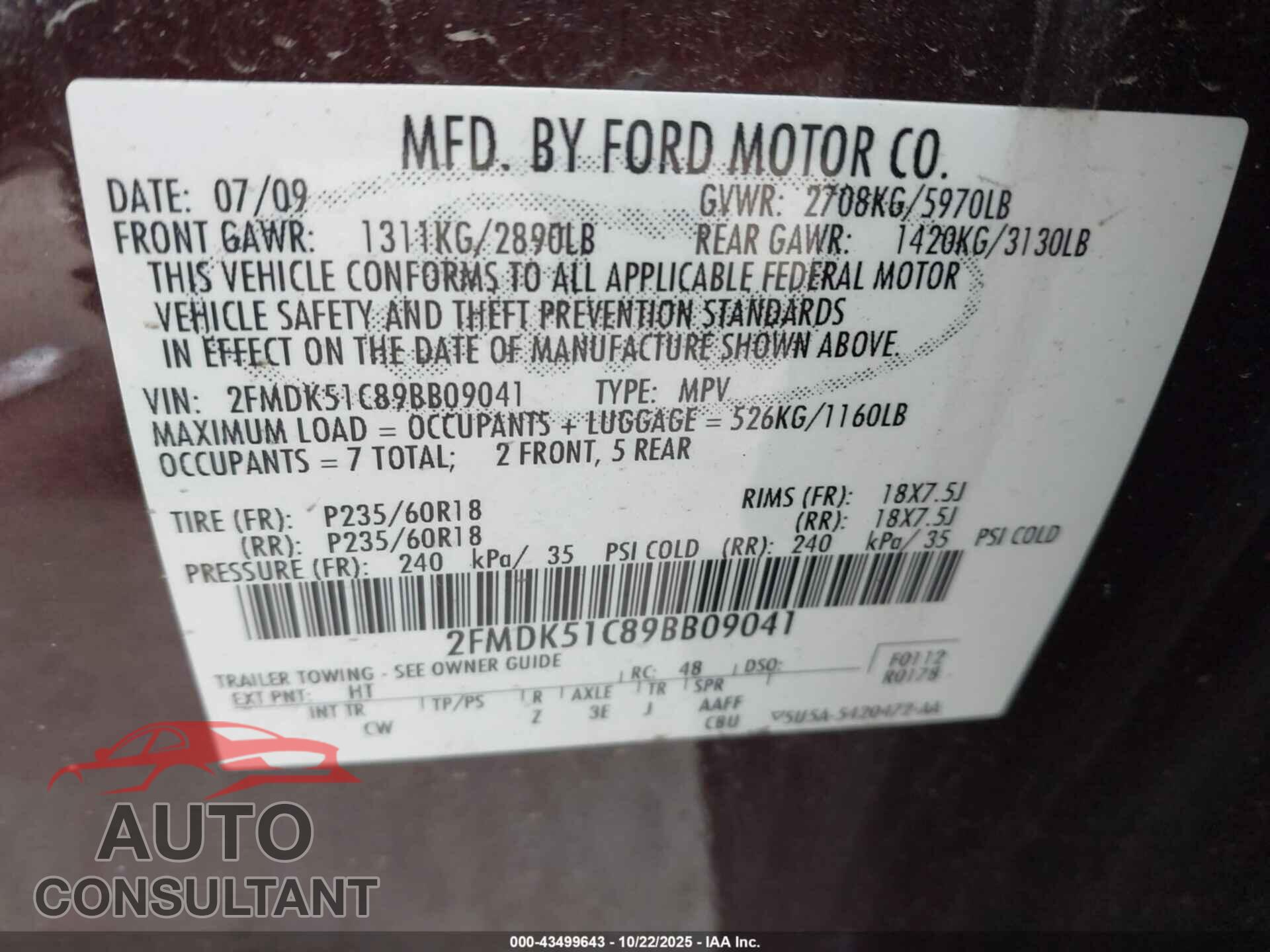 FORD FLEX 2009 - 2FMDK51C89BB09041