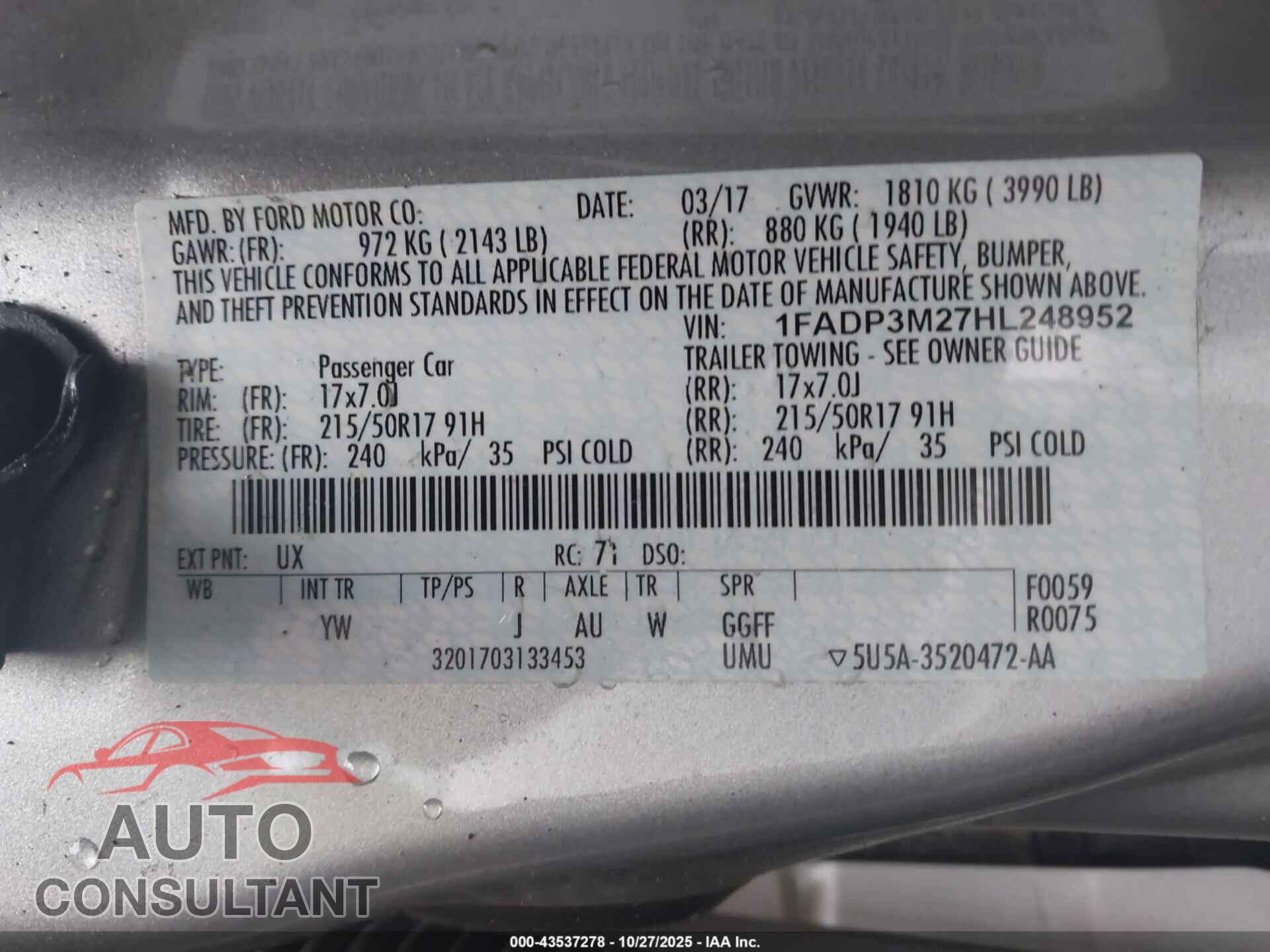 FORD FOCUS 2017 - 1FADP3M27HL248952