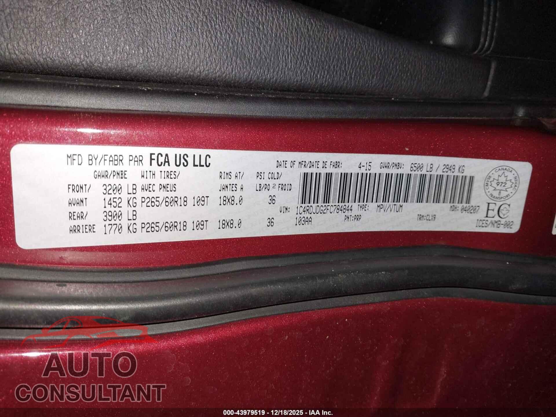 DODGE DURANGO 2015 - 1C4RDJDG2FC784844