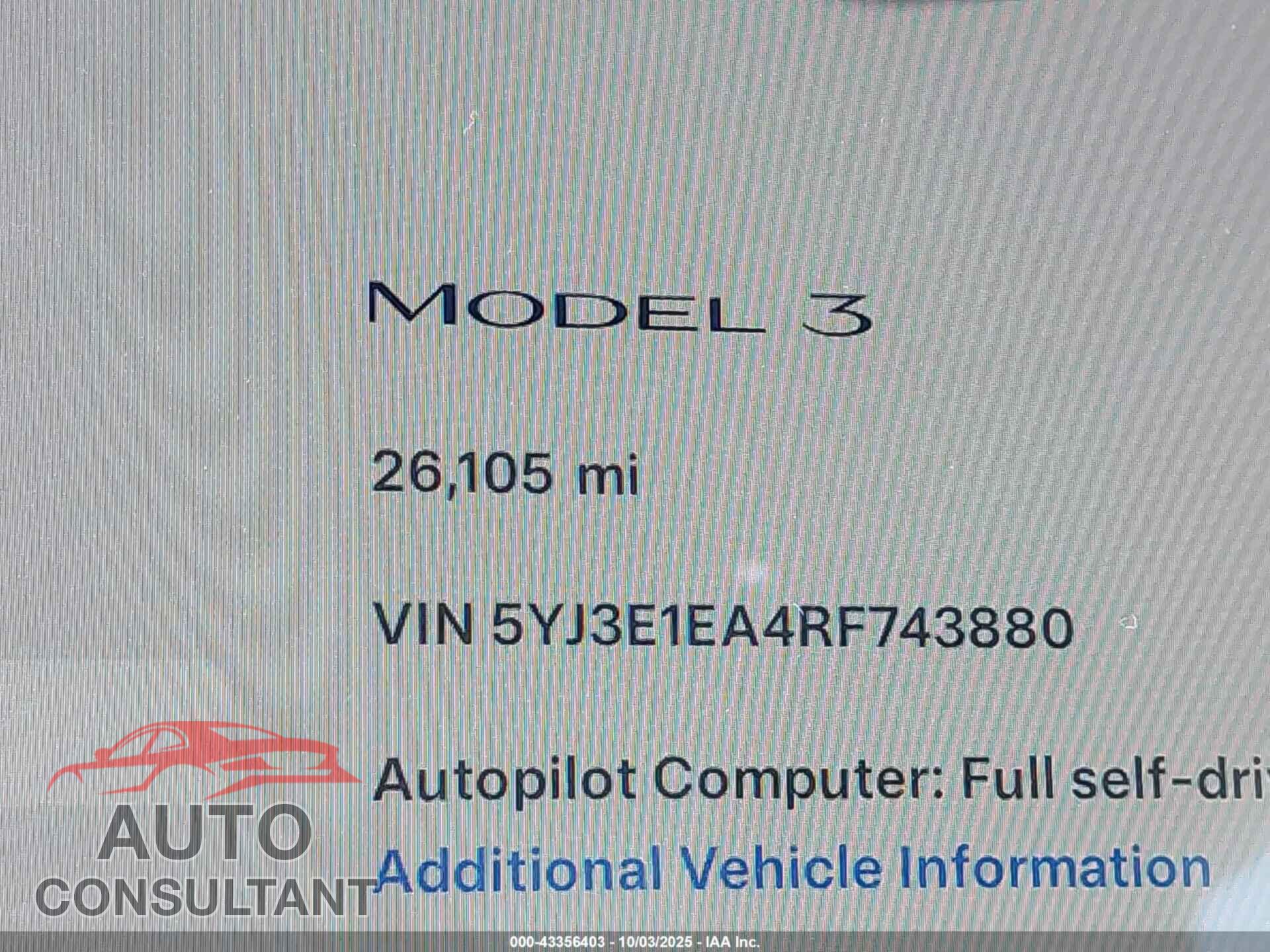 TESLA MODEL 3 2024 - 5YJ3E1EA4RF743880