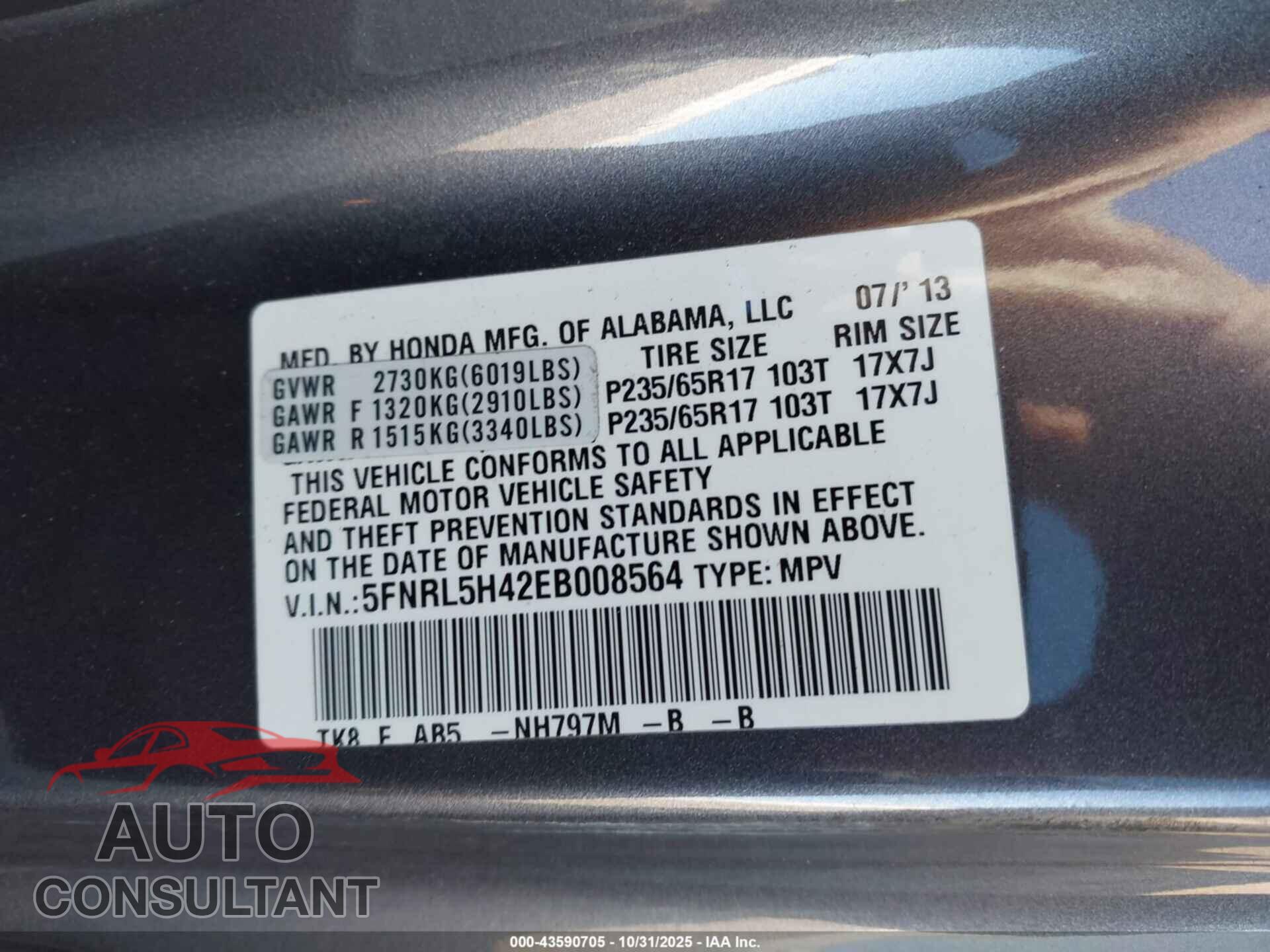 HONDA ODYSSEY 2014 - 5FNRL5H42EB008564