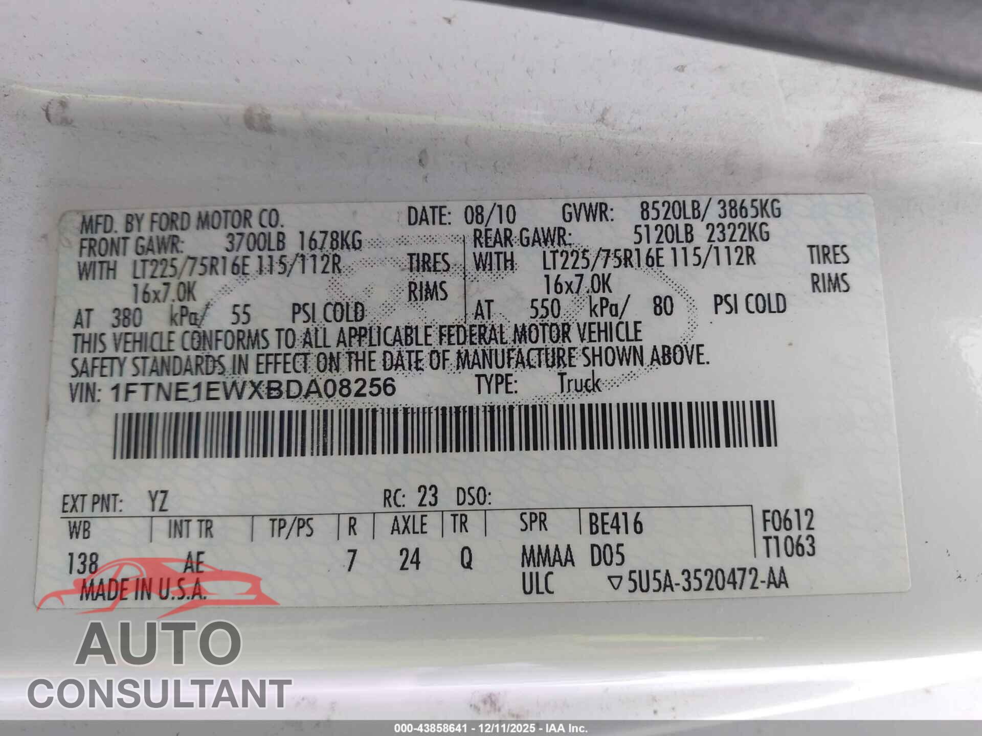FORD E-150 2011 - 1FTNE1EWXBDA08256